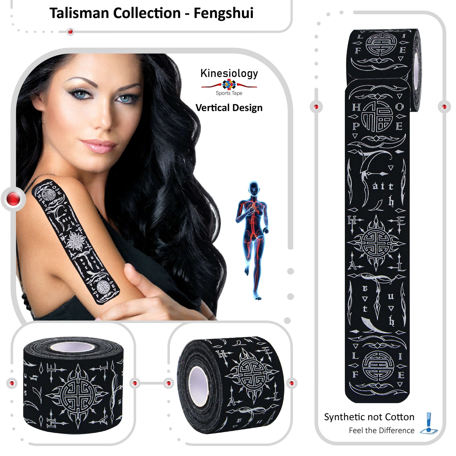 Black Feng Shui Talisman kinesiology tape applied to a woman's upper arm – vertical design, pre-cut strips, Kinesiology Sports Tape