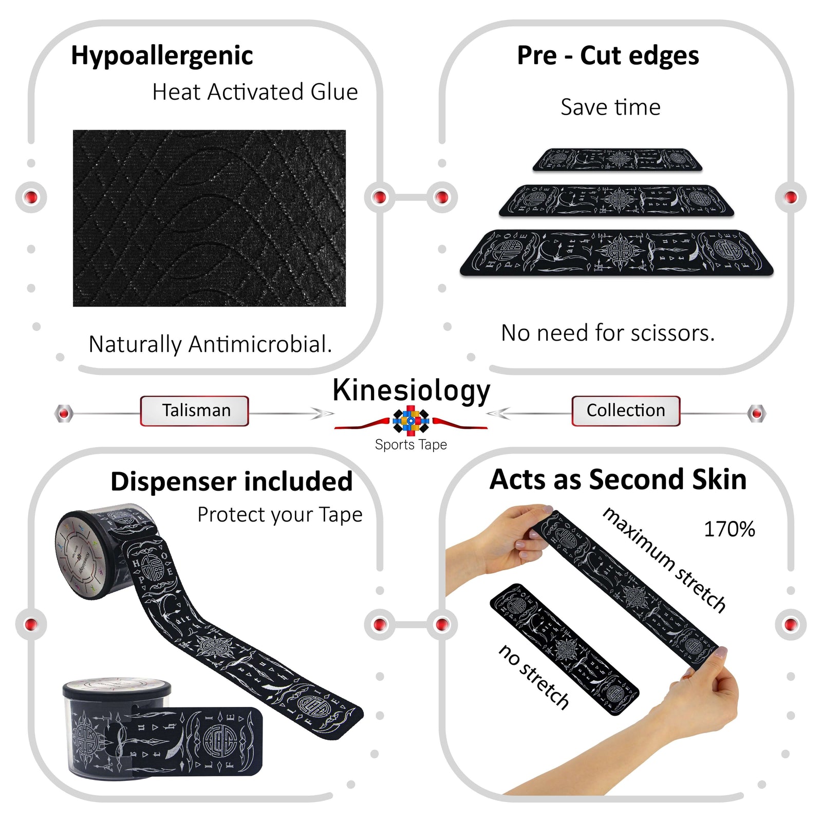 Black Feng Shui Talisman kinesiology tape features: hypoallergenic heat-activated glue, pre-cut edges, dispenser included, 170% stretch – Kinesiology Sports Tape