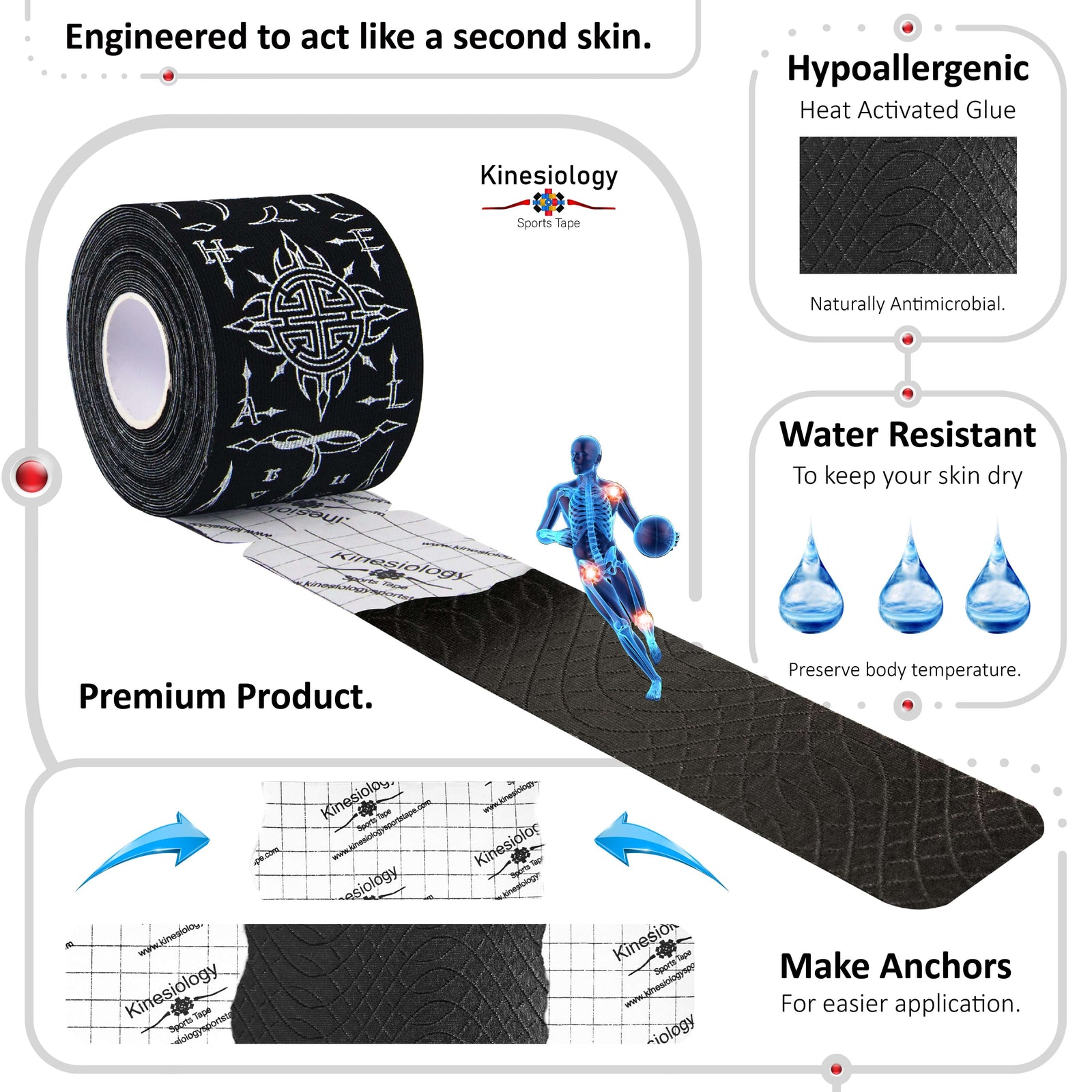 Black Feng Shui Talisman kinesiology tape unrolling from its backing paper, showing the anchor markings – water-resistant, acts like a second skin – Kinesiology Sports Tape