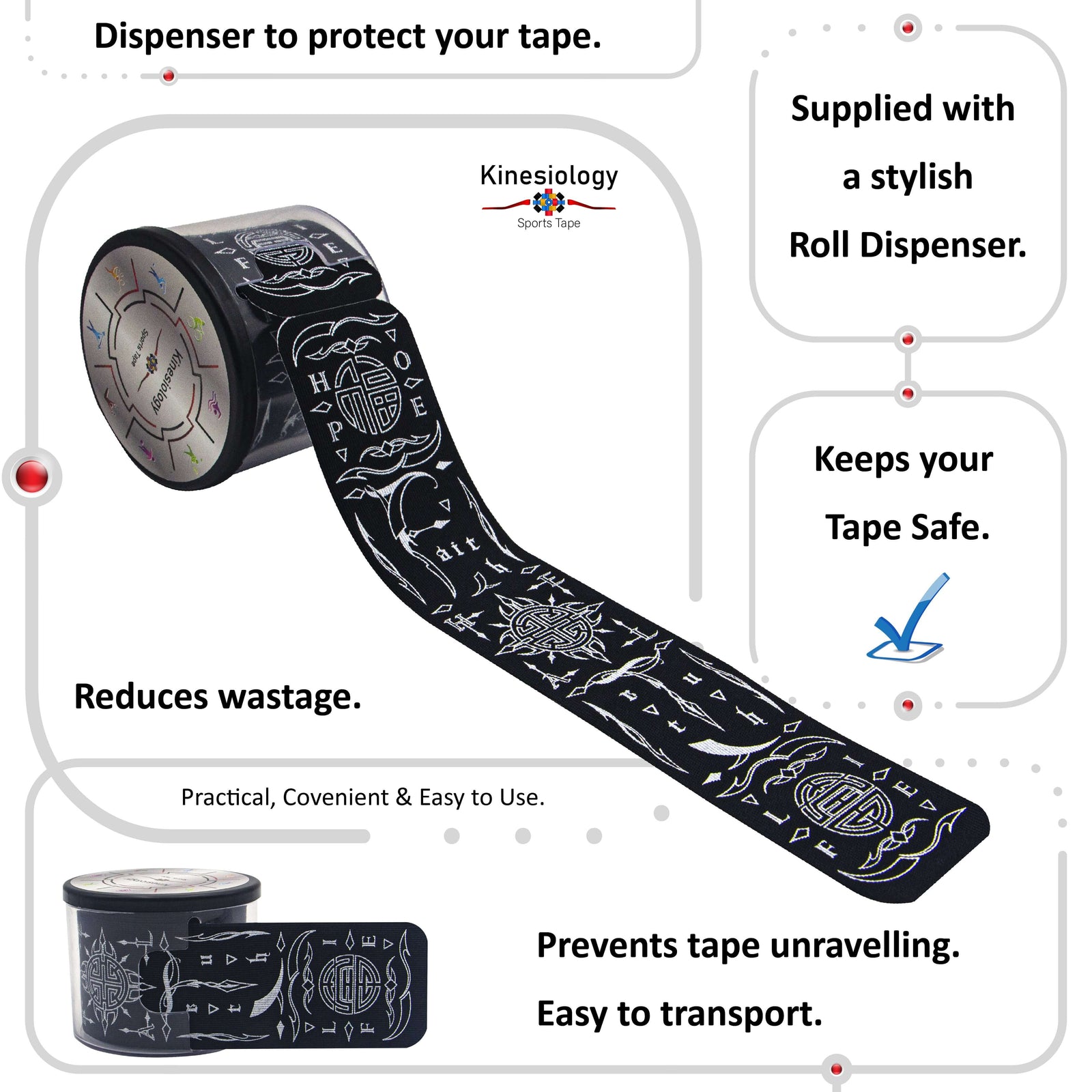Black Feng Shui Talisman kinesiology tape in its built-in roll dispenser, which keeps the tape safe and stops it unravelling – Kinesiology Sports Tape