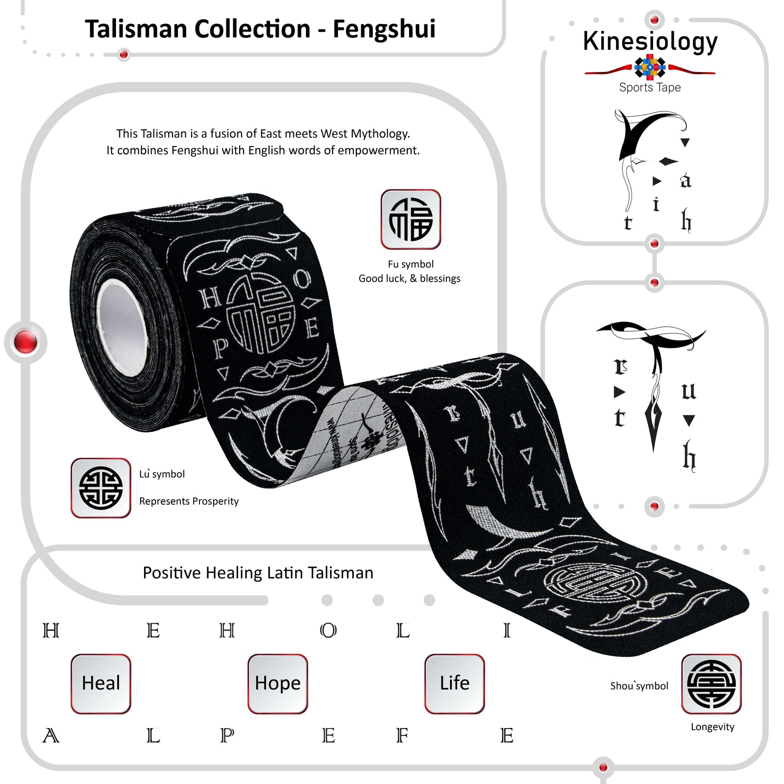 Roll of Black Feng Shui Talisman kinesiology tape with the meanings of its Feng Shui symbol and words explained – Talisman Collection, Kinesiology Sports Tape