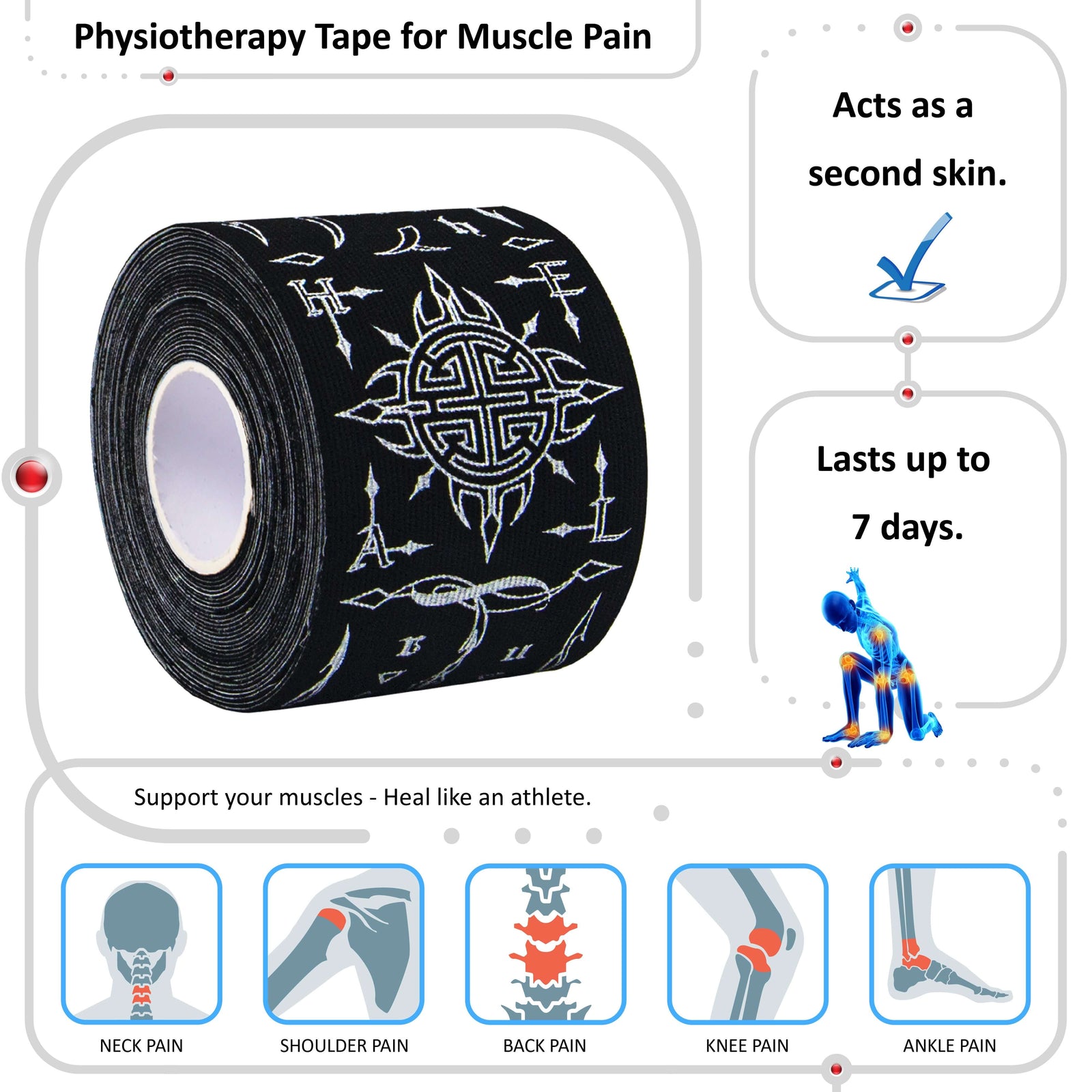 Roll of black Feng Shui Fortune Talisman kinesiology tape printed with the Fu Lu Shou and Five Blessings symbols, vertical print – 20 pre-cut 5cm x 25cm strips per roll, latex-free 95% rayon and 5% spandex, acts as a second skin and lasts 5 to 7 days
