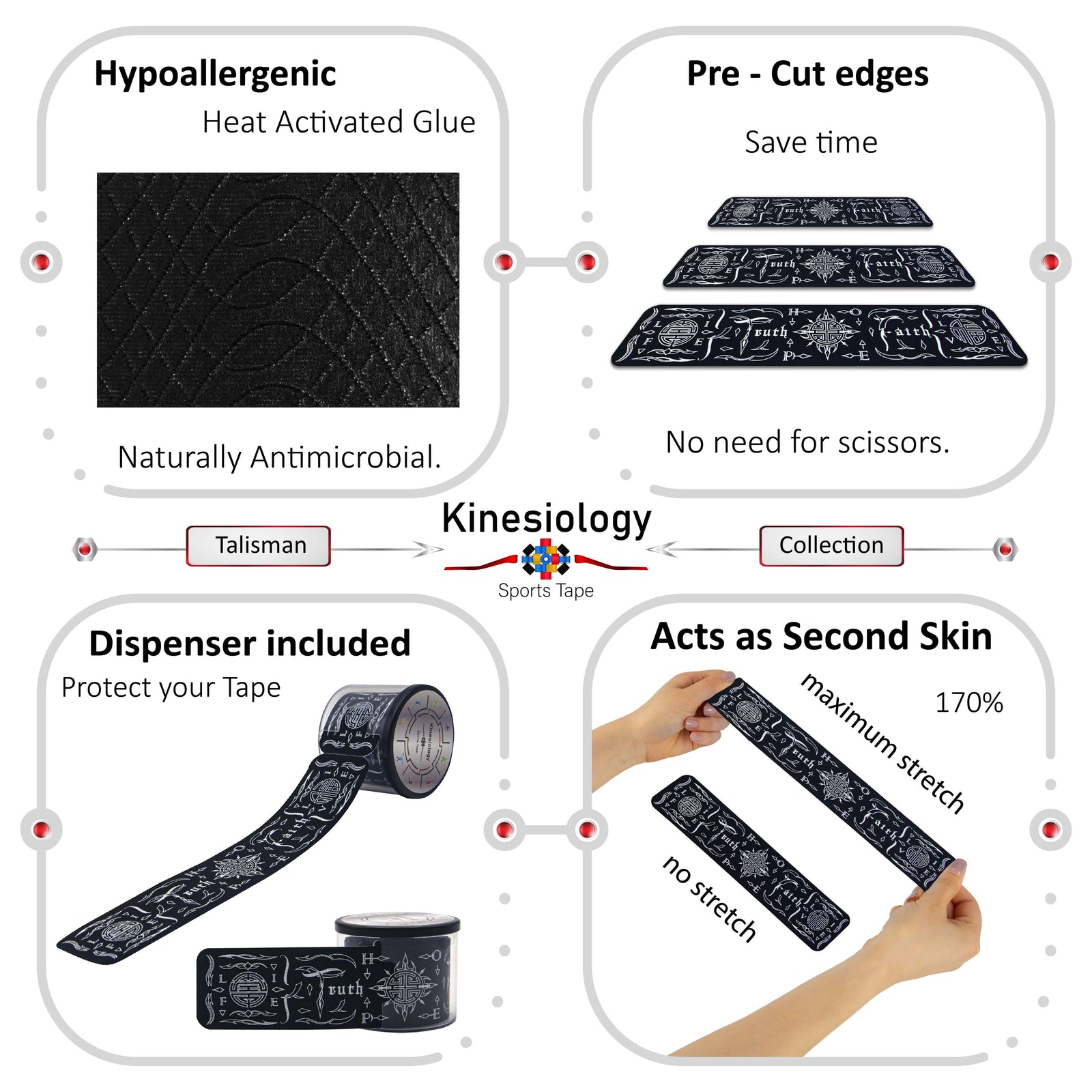Black Feng Shui Talisman kinesiology tape features: hypoallergenic heat-activated glue, pre-cut edges, dispenser included, 170% stretch – Kinesiology Sports Tape