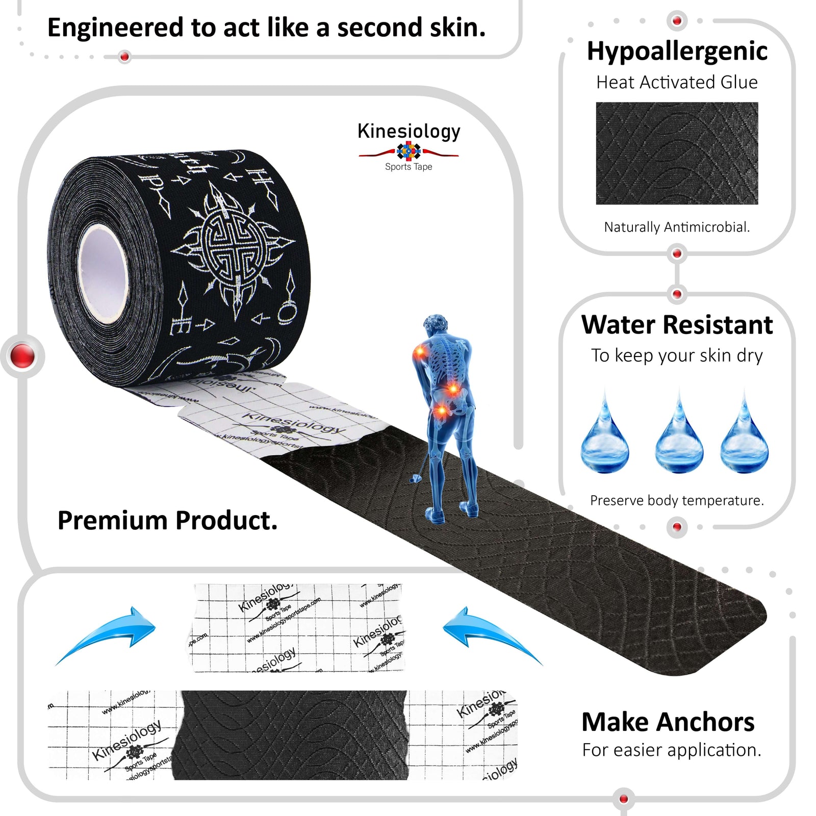 Black Feng Shui Talisman kinesiology tape unrolling from its backing paper, showing the anchor markings – water-resistant, acts like a second skin – Kinesiology Sports Tape