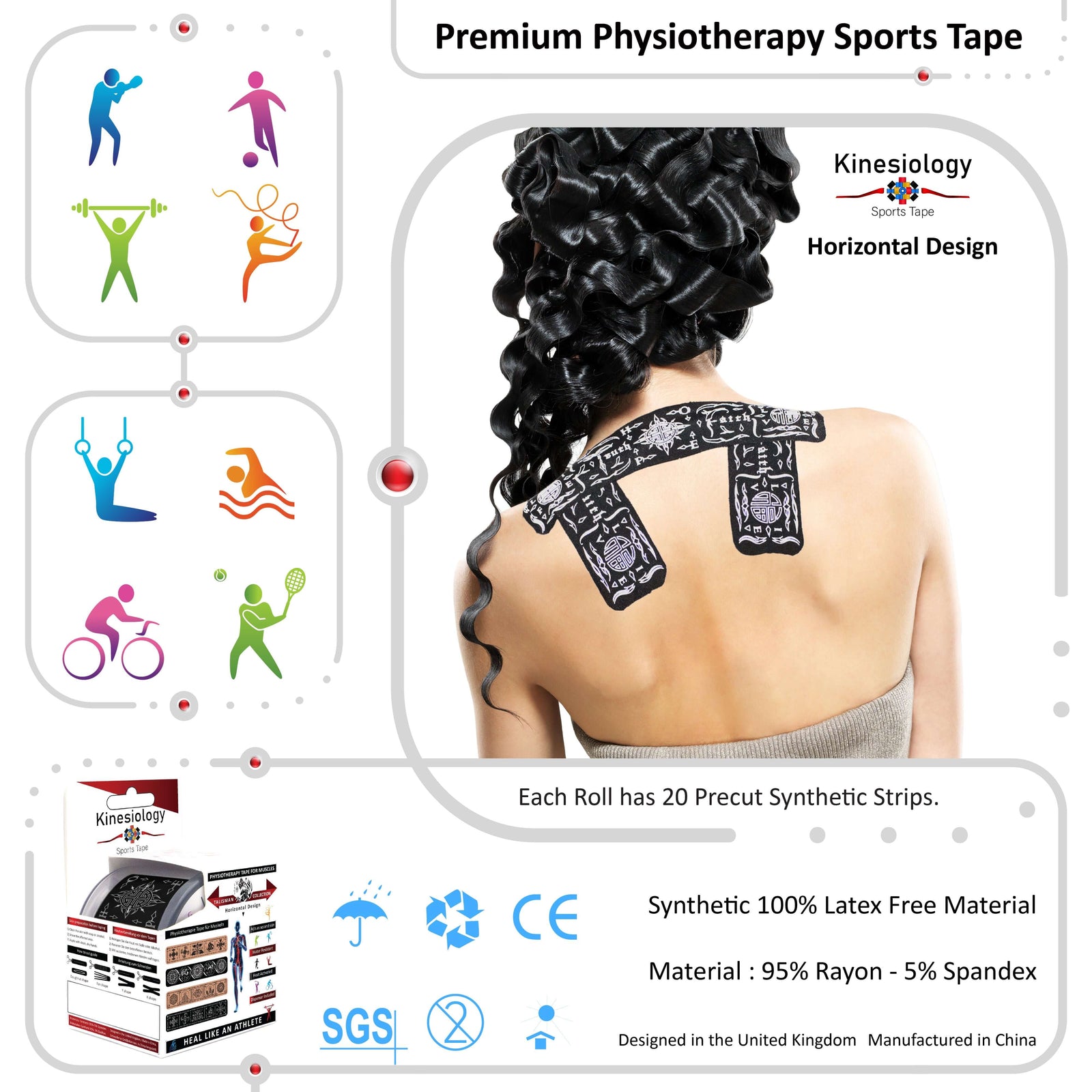 Black Feng Shui Talisman kinesiology tape applied to a woman's upper back and shoulder – horizontal design, pre-cut strips, Kinesiology Sports Tape