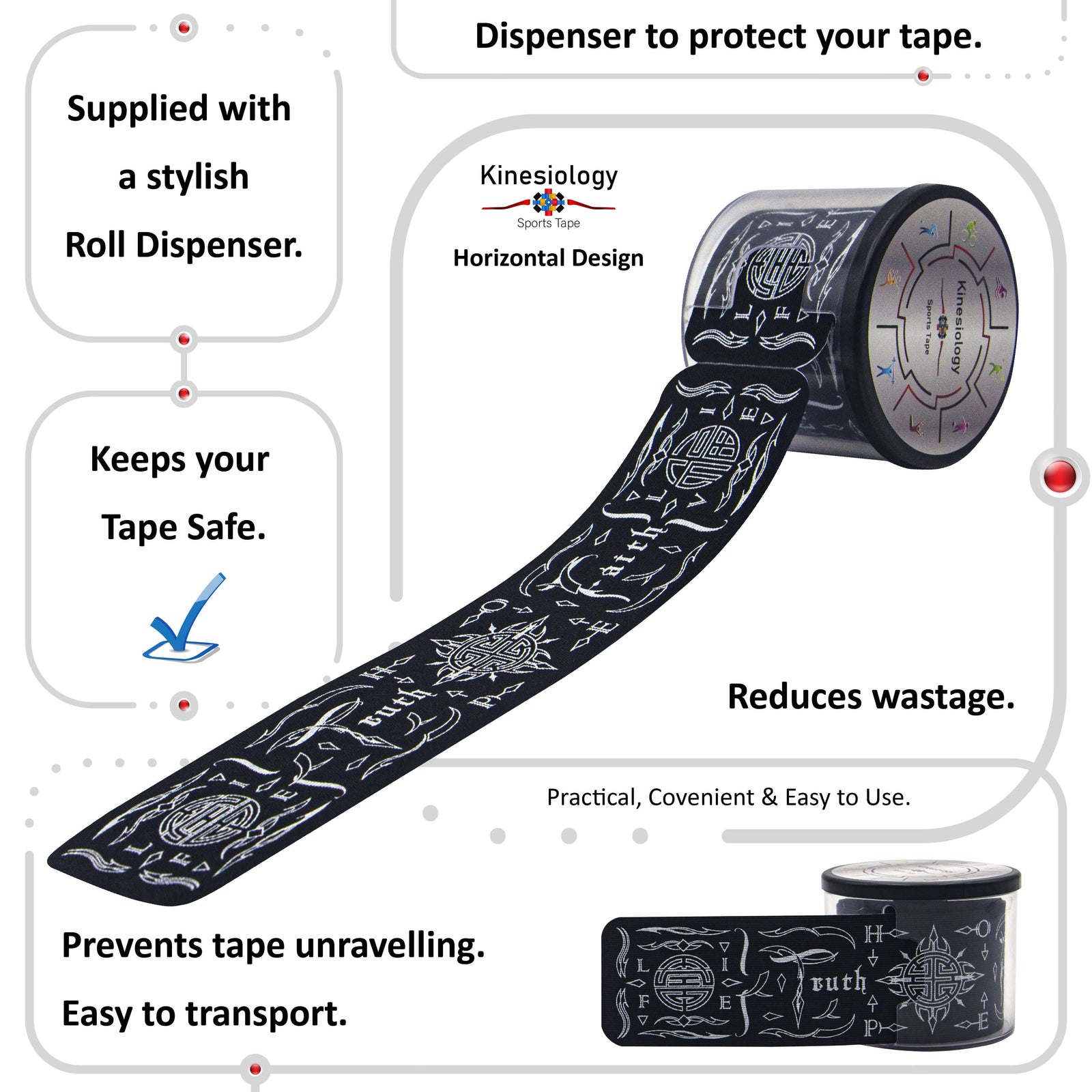 Black Feng Shui Talisman kinesiology tape in its built-in roll dispenser, which keeps the tape safe and stops it unravelling – Kinesiology Sports Tape