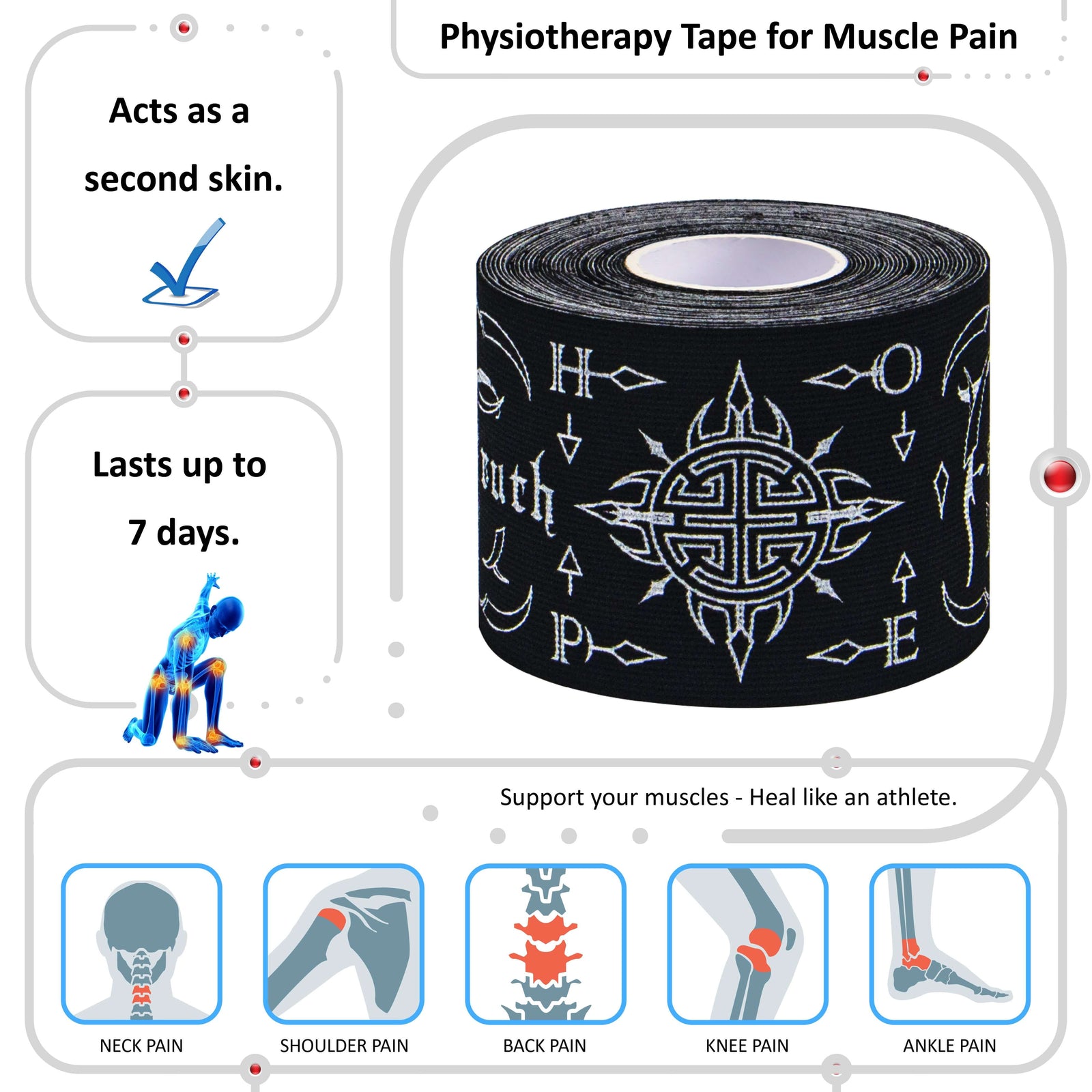 Roll of black Feng Shui Fortune Talisman kinesiology tape printed with the Fu Lu Shou and Five Blessings symbols, horizontal print – 20 pre-cut 5cm x 25cm strips per roll, latex-free 95% rayon and 5% spandex, acts as a second skin and lasts 5 to 7 days