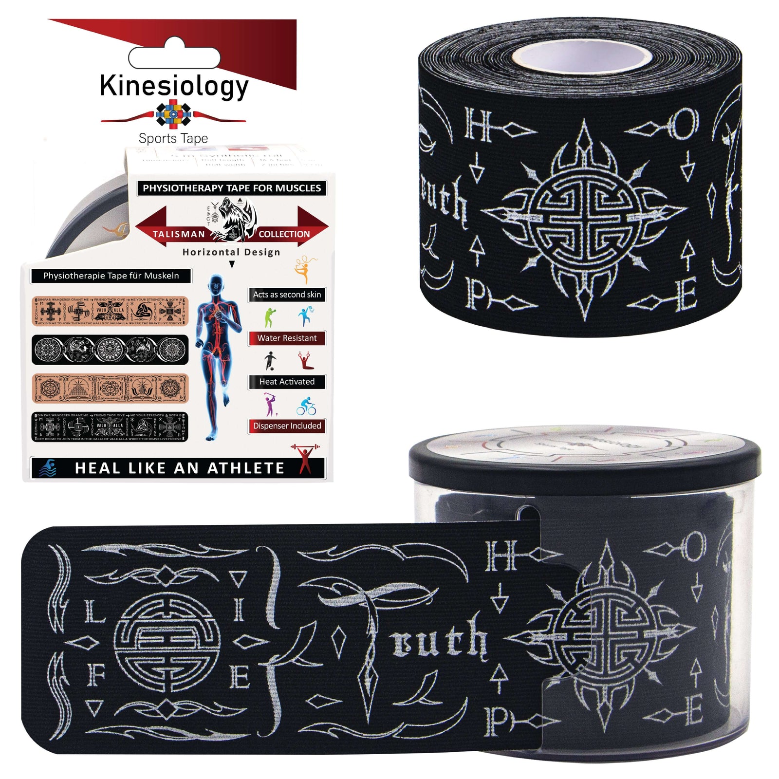 Black Feng Shui Talisman retail box with a pre-cut roll and a loose strip of the Feng Shui symbol print – Kinesiology Sports Tape