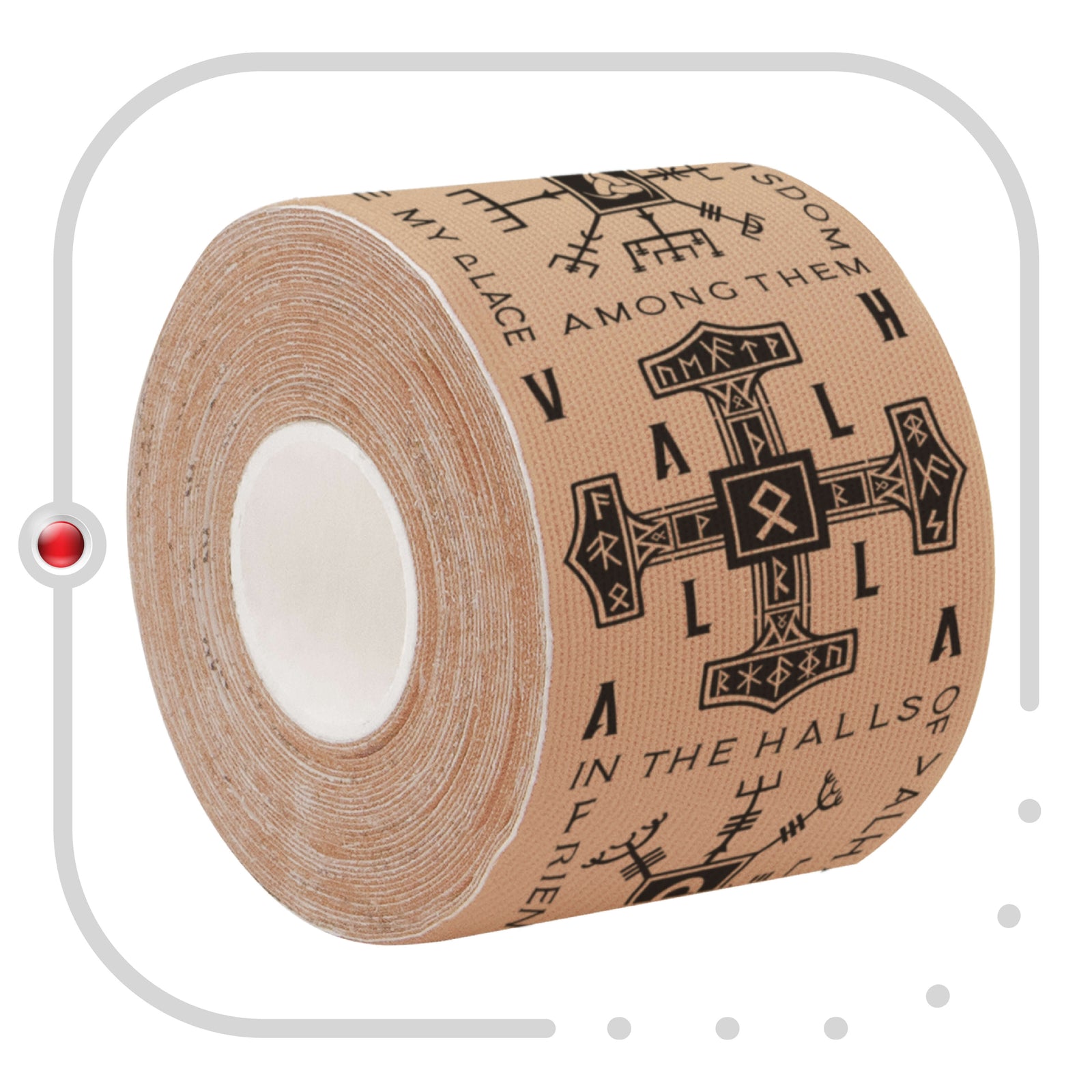 Roll of beige Viking Warrior Talisman kinesiology tape printed with Odin, Thor, Norse runes and the halls of Valhalla, vertical print – 20 pre-cut 5cm x 25cm strips per roll, latex-free 95% rayon and 5% spandex, acts as a second skin and lasts 5 to 7 days