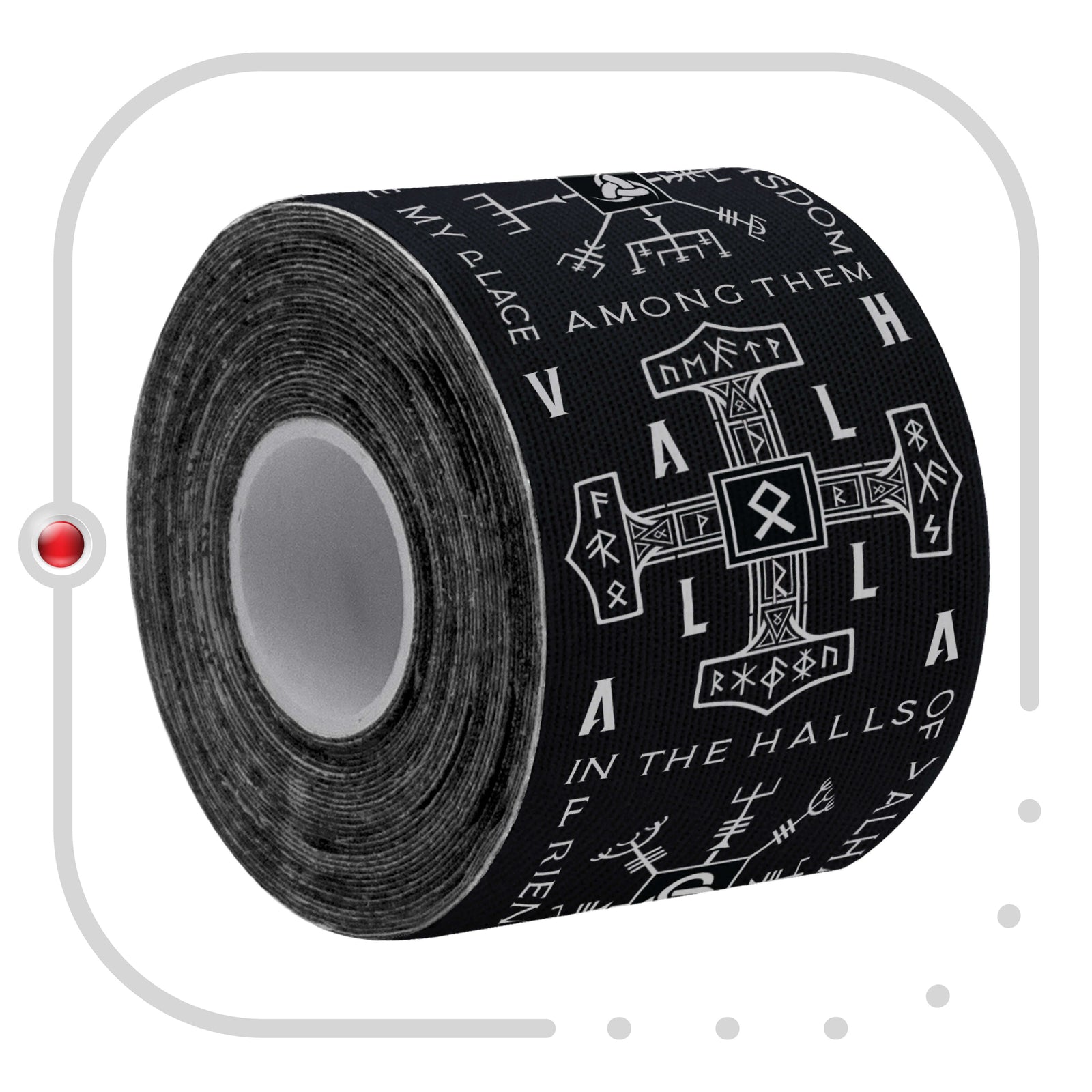 Close-up of a roll of Black Viking Talisman kinesiology tape showing the Viking rune and Norse symbol print – Kinesiology Sports Tape
