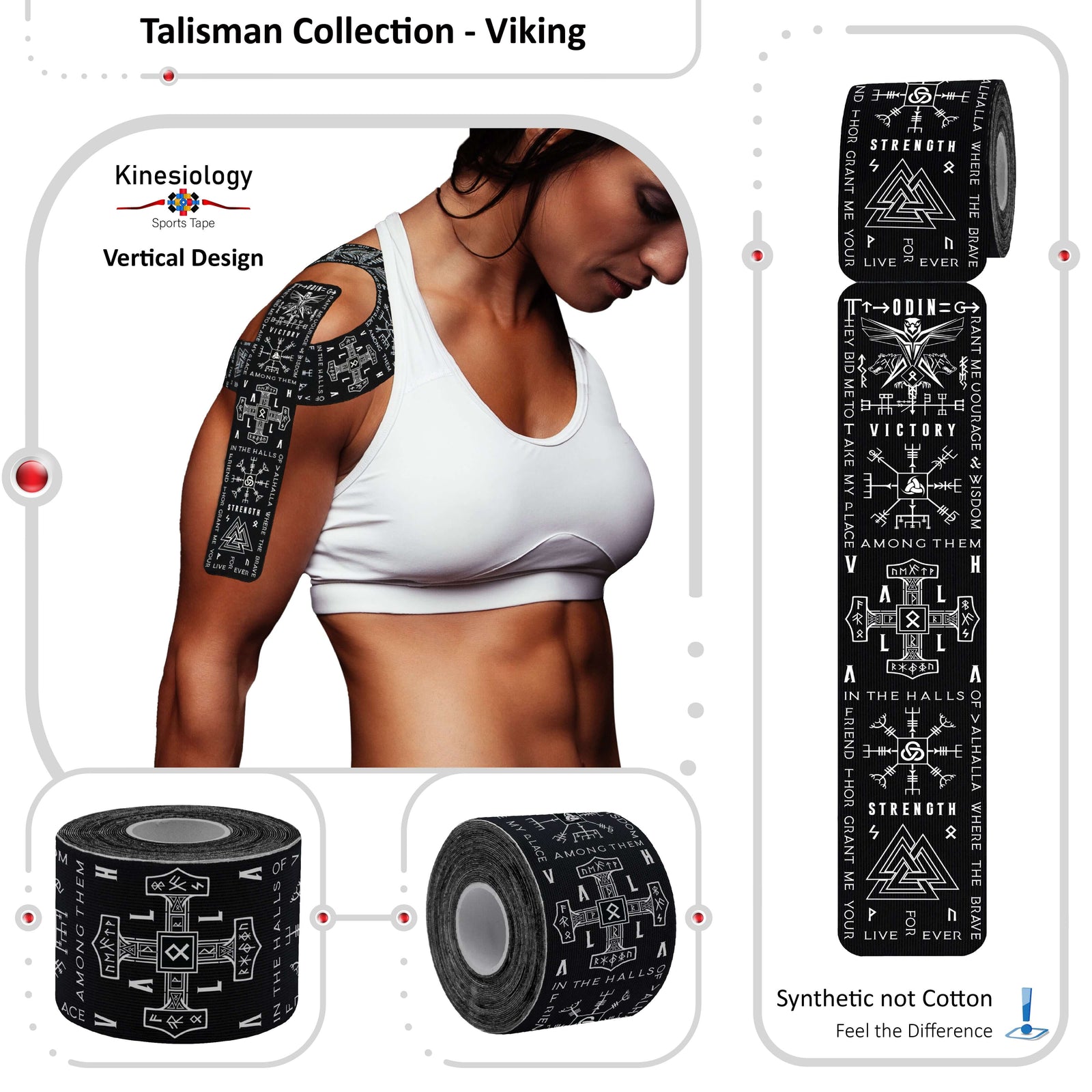 Black Viking Talisman kinesiology tape applied to a woman's shoulder and upper arm – vertical design, pre-cut strips, Kinesiology Sports Tape