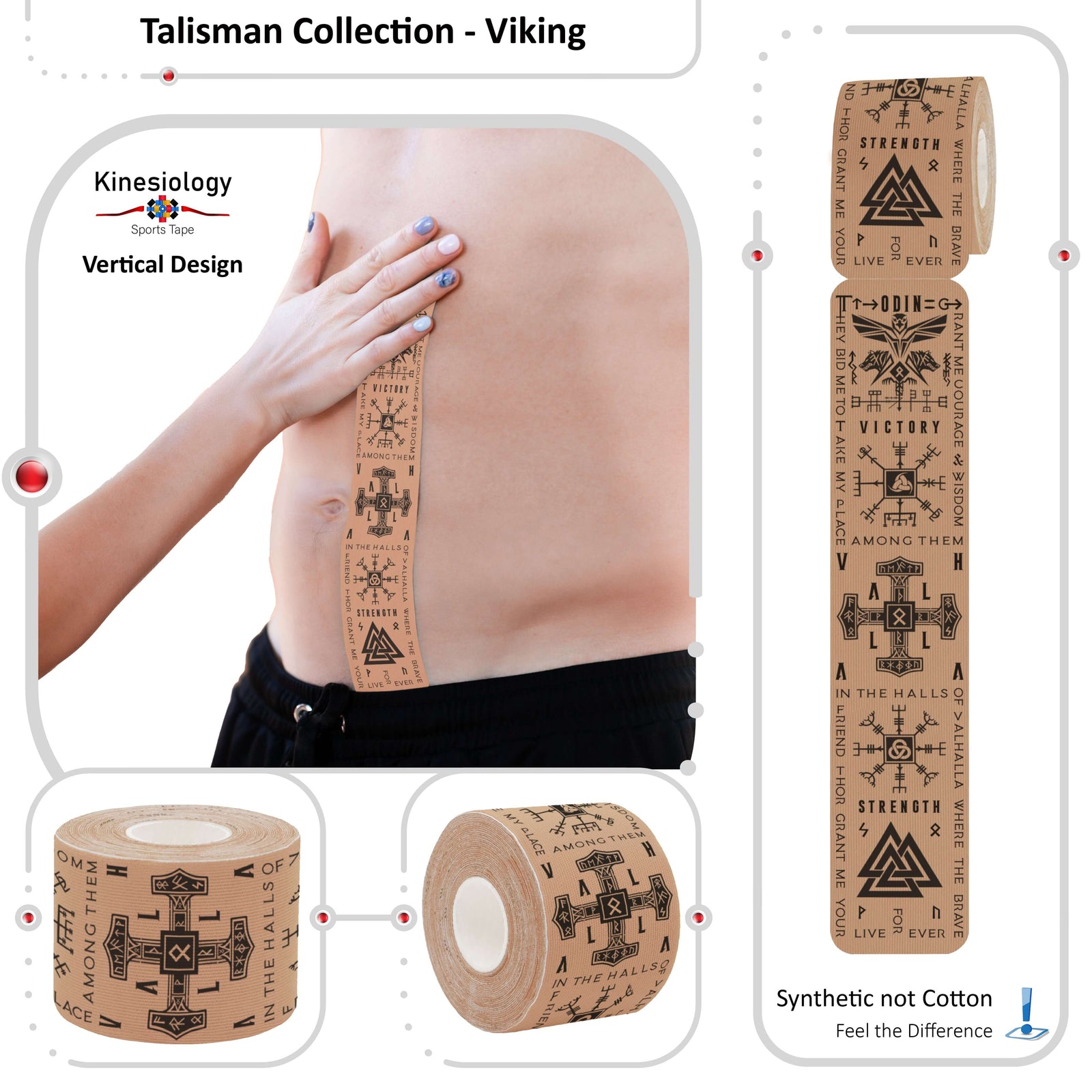 Beige Viking Talisman kinesiology tape applied to a woman's side and abdomen – vertical design, pre-cut strips, Kinesiology Sports Tape