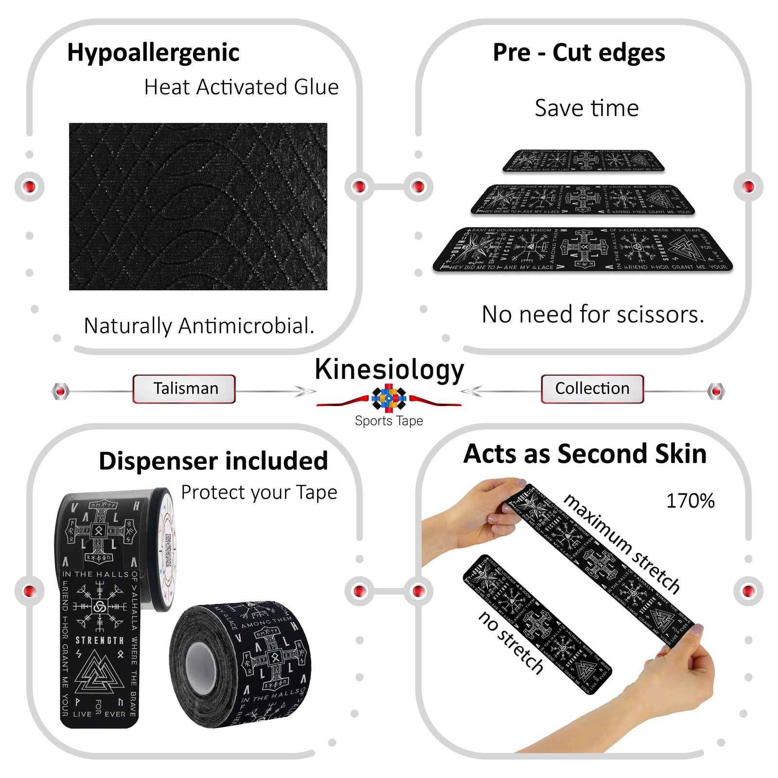 Black Viking Talisman kinesiology tape features: hypoallergenic heat-activated glue, pre-cut edges, dispenser included, 170% stretch – Kinesiology Sports Tape