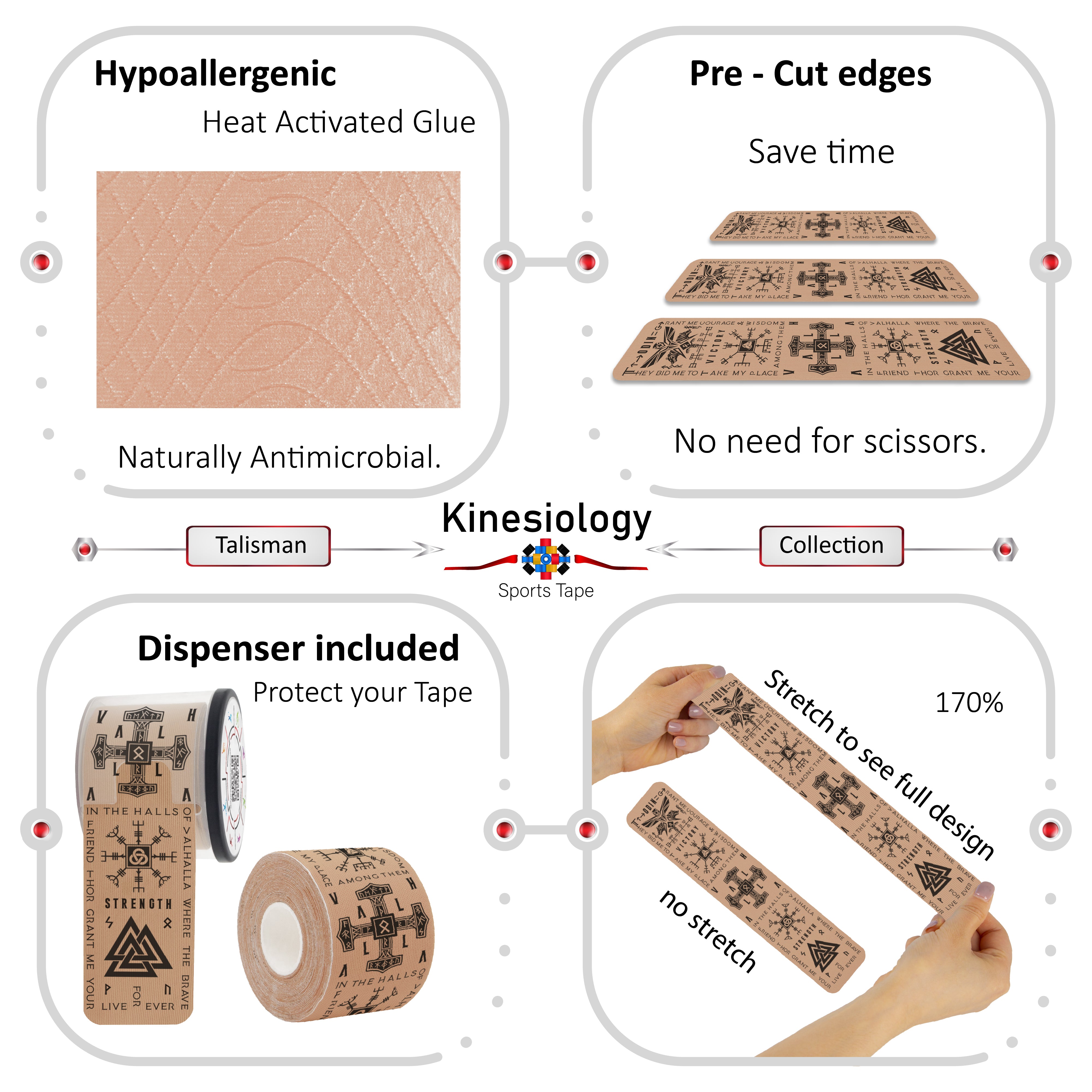 Beige Kinesiology Tape Pre Cut with Dispenser - Talisman - Viking - Vertical Design
