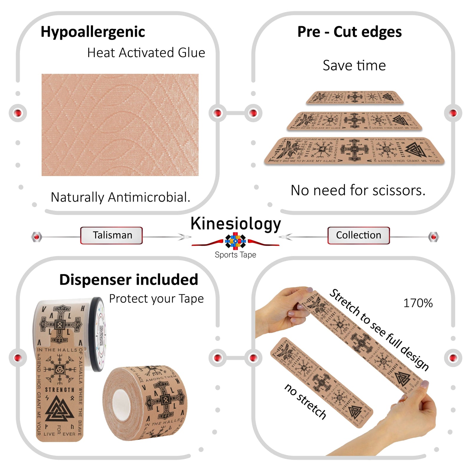 Beige Viking Talisman kinesiology tape features: hypoallergenic heat-activated glue, pre-cut edges, dispenser included, 170% stretch – Kinesiology Sports Tape