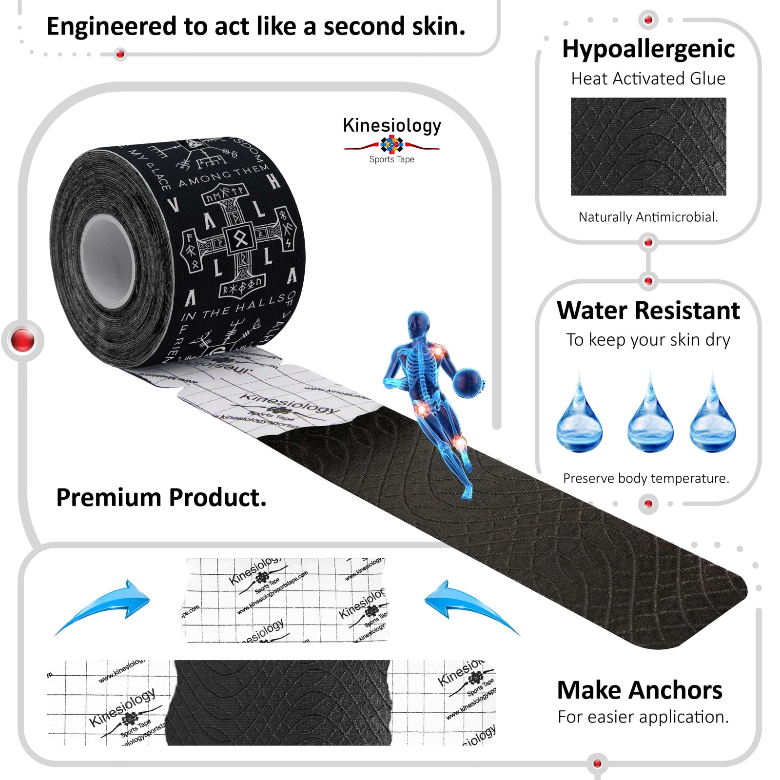 Black Viking Talisman kinesiology tape unrolling from its backing paper, showing the anchor markings – water-resistant, acts like a second skin – Kinesiology Sports Tape