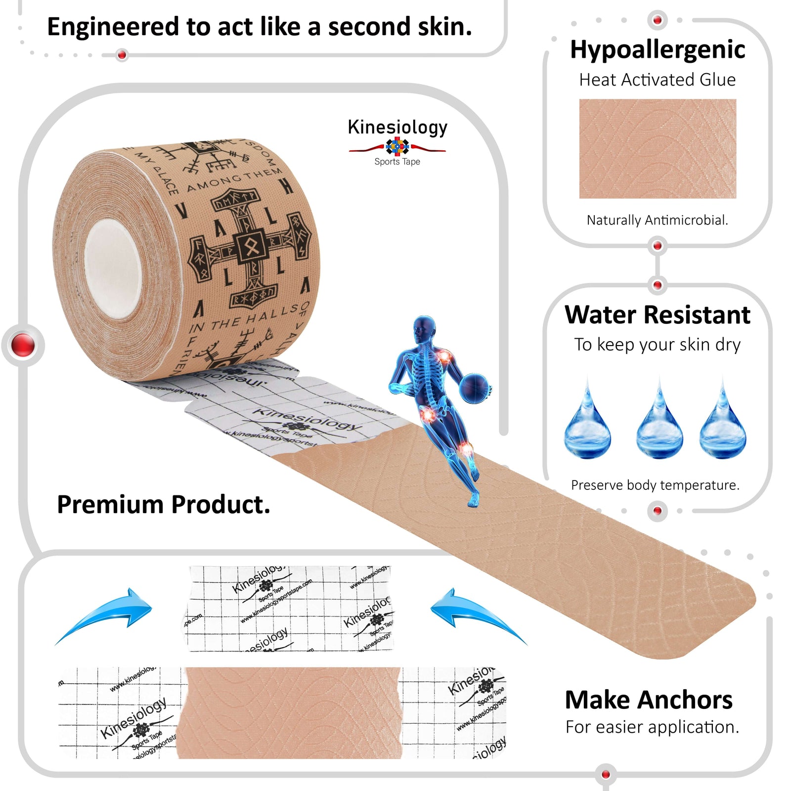 Beige Viking Talisman kinesiology tape unrolling from its backing paper, showing the anchor markings – water-resistant, acts like a second skin – Kinesiology Sports Tape