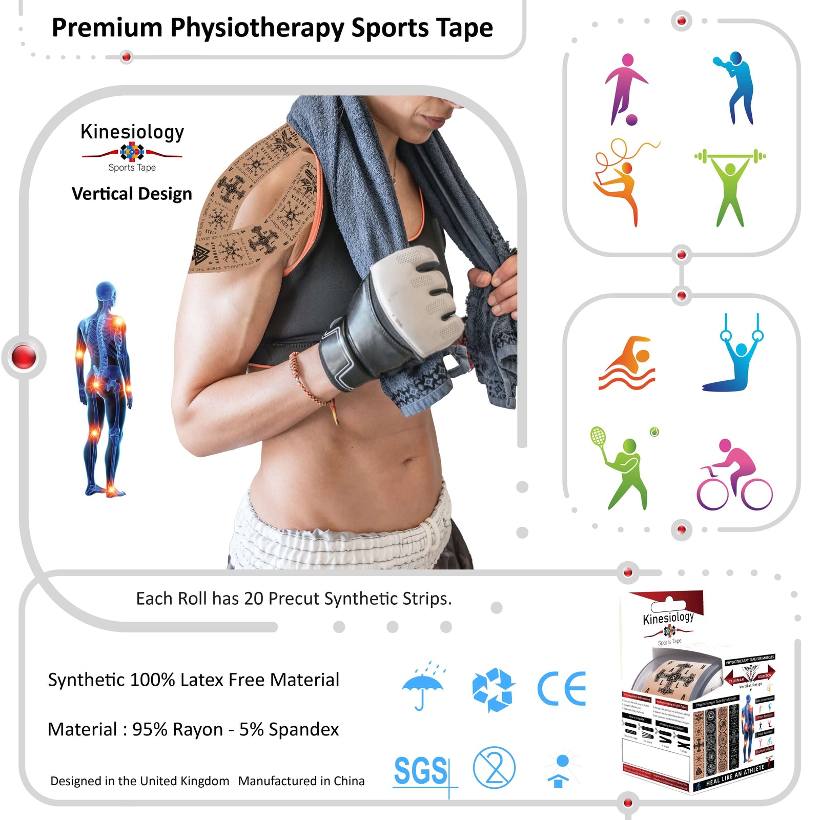 Beige Viking Talisman kinesiology tape applied to a boxer's shoulder and side – vertical design, pre-cut strips, Kinesiology Sports Tape