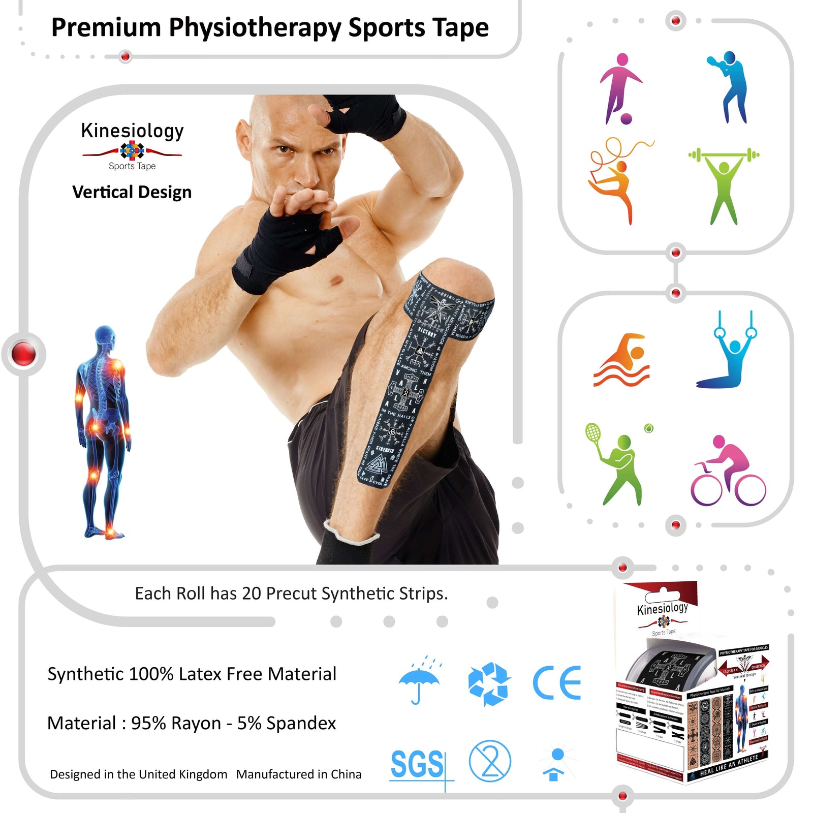 Black Viking Talisman kinesiology tape applied to a boxer's shoulder – vertical design, pre-cut strips, Kinesiology Sports Tape