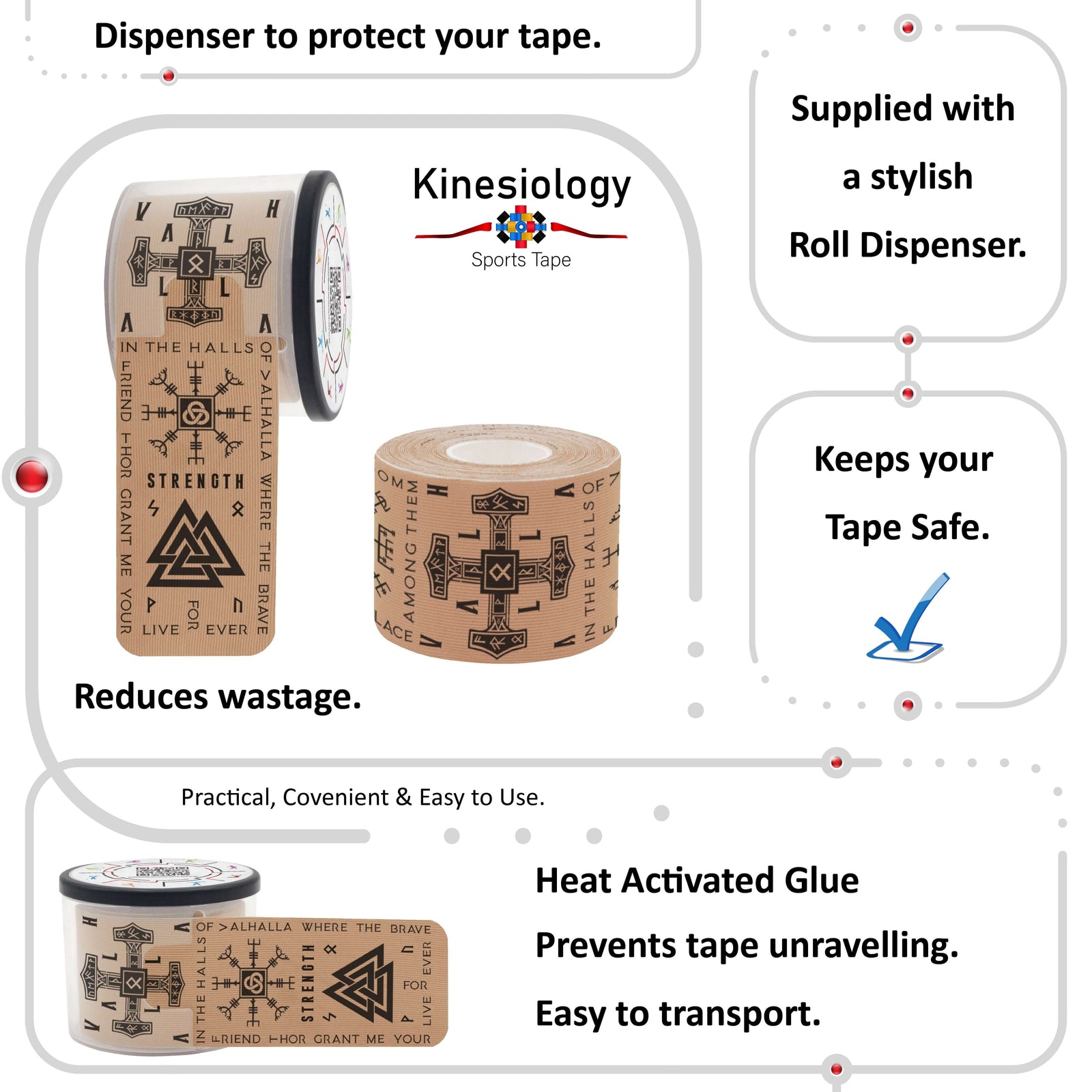 Beige Viking Talisman kinesiology tape in its built-in roll dispenser, which keeps the tape safe and stops it unravelling – Kinesiology Sports Tape