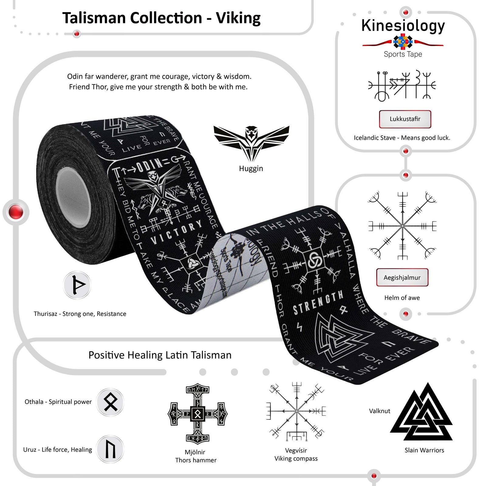 Roll of Black Viking Talisman kinesiology tape with the meanings of its Norse rune and symbols explained – Talisman Collection, Kinesiology Sports Tape