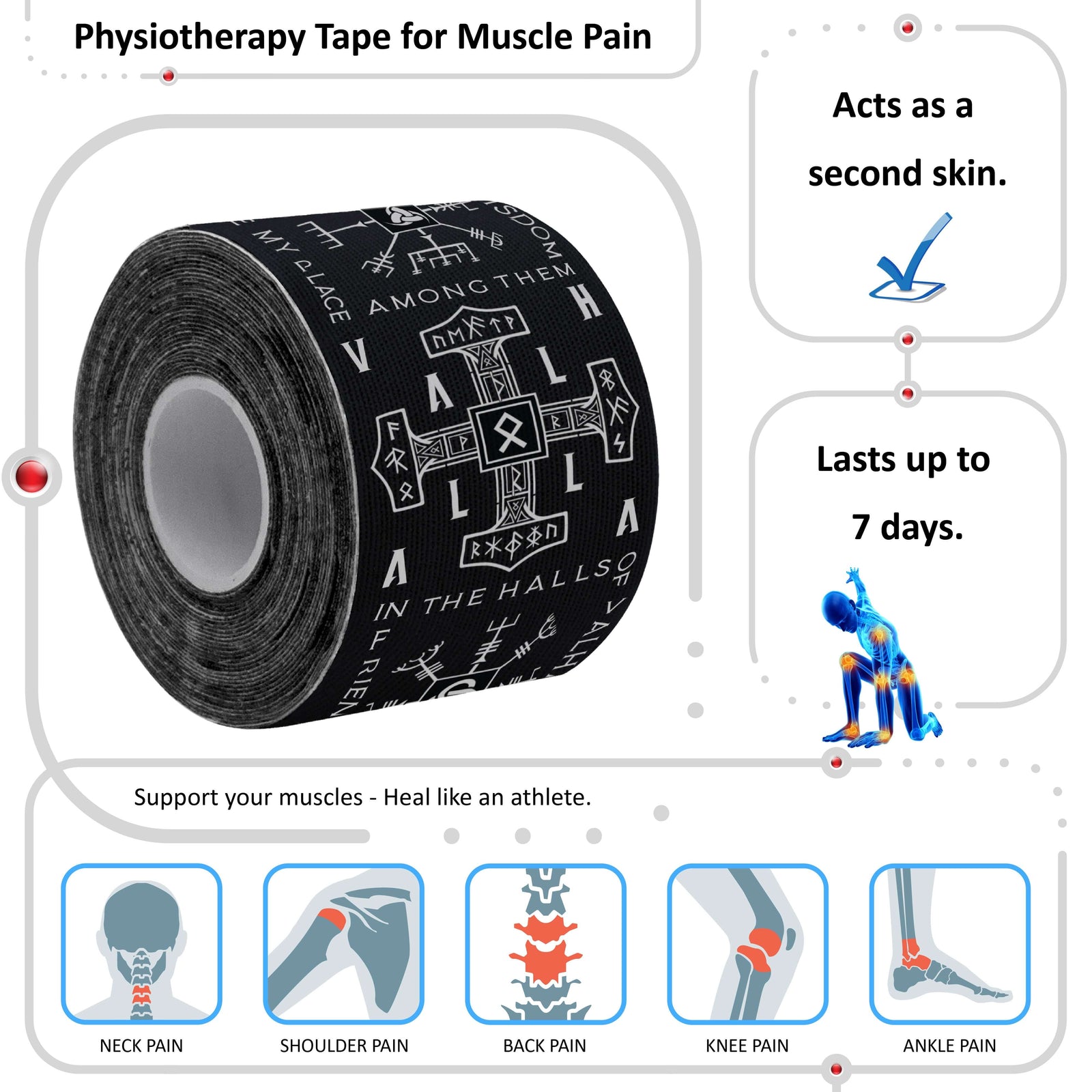 Roll of black Viking Warrior Talisman kinesiology tape printed with Odin, Thor, Norse runes and the halls of Valhalla, vertical print – 20 pre-cut 5cm x 25cm strips per roll, latex-free 95% rayon and 5% spandex, acts as a second skin and lasts 5 to 7 days