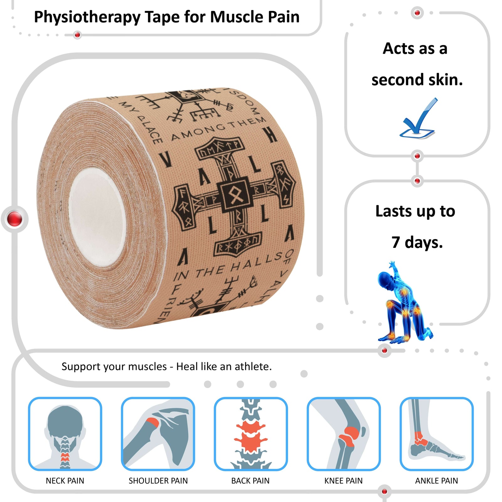 Beige Viking Talisman physiotherapy kinesiology tape for muscle pain – neck, shoulder, back, knee and ankle, lasts up to 7 days – Kinesiology Sports Tape