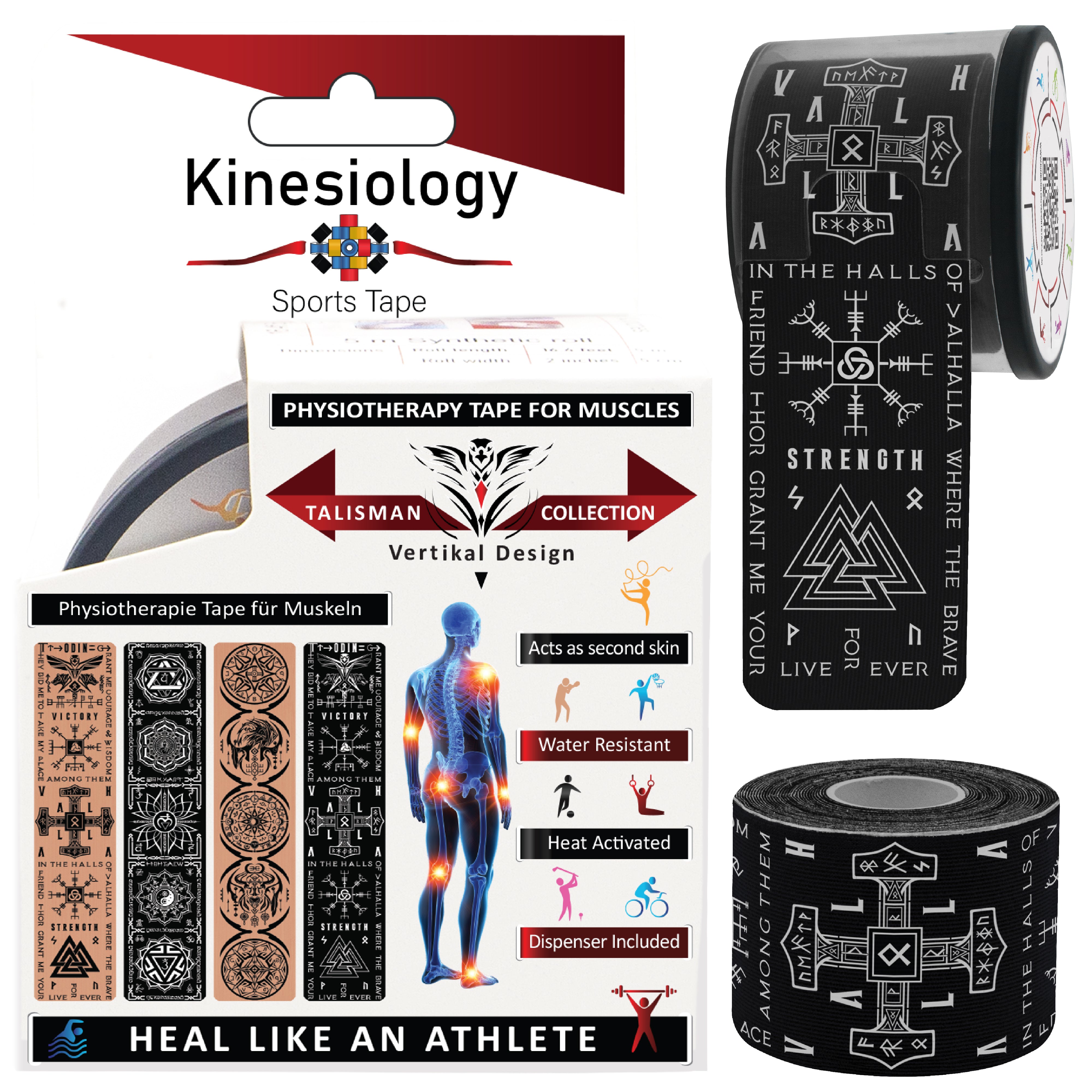 Black Kinesiology Tape Pre Cut with Dispenser - Talisman - Viking - Vertical Design