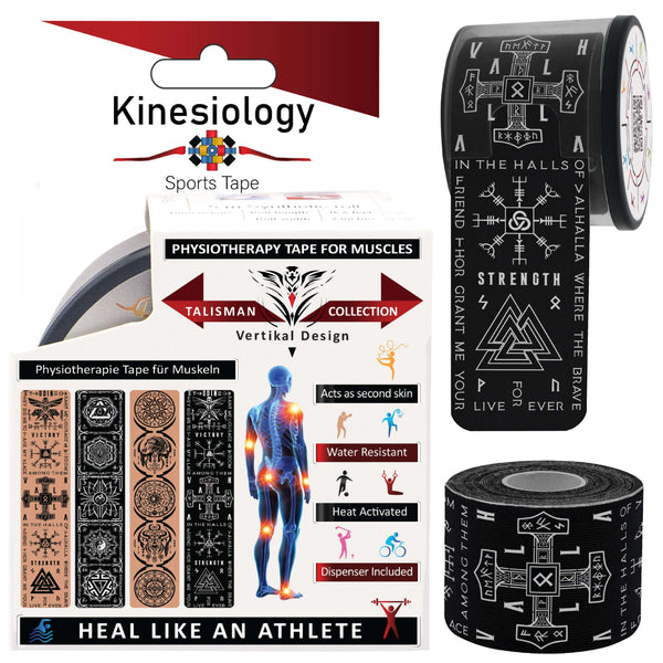Black Viking Talisman Kinesiology Tape Vertical - Pre-Cut 20 Strips with Dispenser