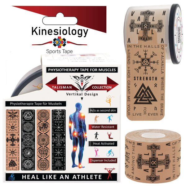 Beige Kinesiology Tape Pre Cut with Dispenser - Talisman - Viking - Vertical Design 1