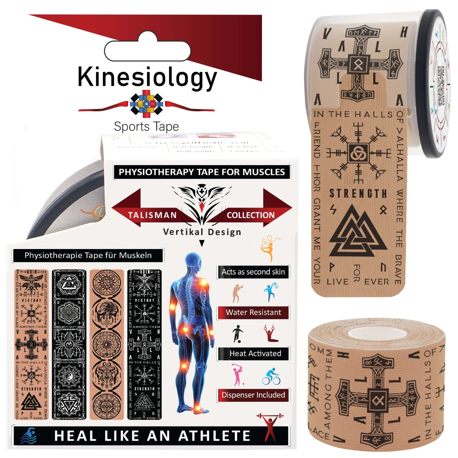 Beige Viking Talisman retail box with a pre-cut roll and a loose strip of the Viking rune and Norse symbol print – Kinesiology Sports Tape