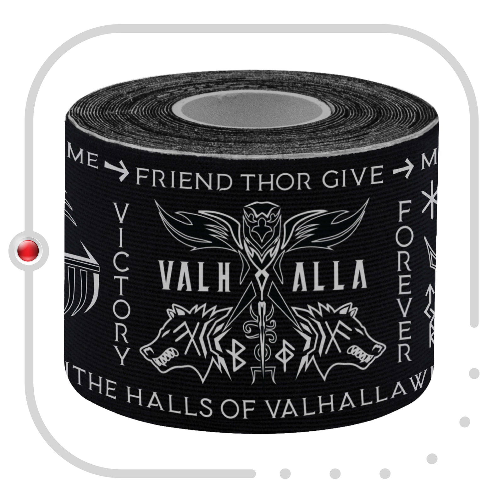 Close-up of a roll of Black Viking Talisman kinesiology tape showing the Viking rune and Norse symbol print – Kinesiology Sports Tape