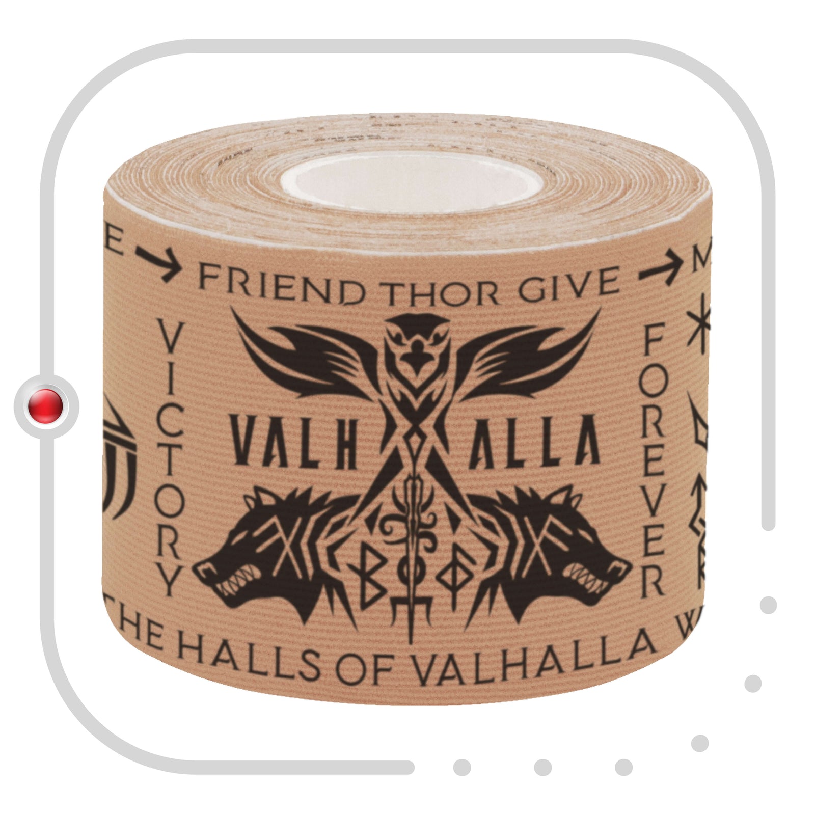 Roll of beige Viking Warrior Talisman kinesiology tape printed with Odin, Thor, Norse runes and the halls of Valhalla, horizontal print – 20 pre-cut 5cm x 25cm strips per roll, latex-free 95% rayon and 5% spandex, acts as a second skin and lasts 5 to 7 days