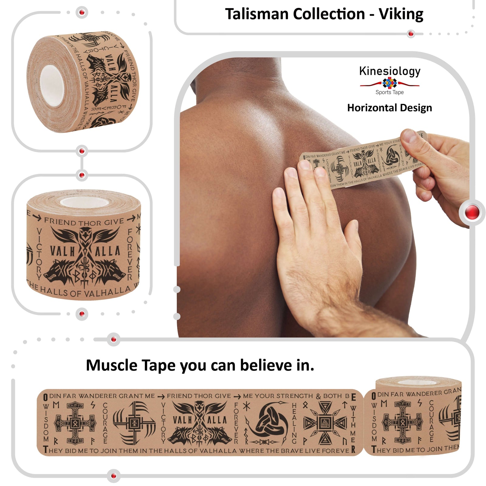 Beige Viking Talisman kinesiology tape applied to a man's shoulder as a strip is smoothed on – horizontal design, pre-cut strips, Kinesiology Sports Tape