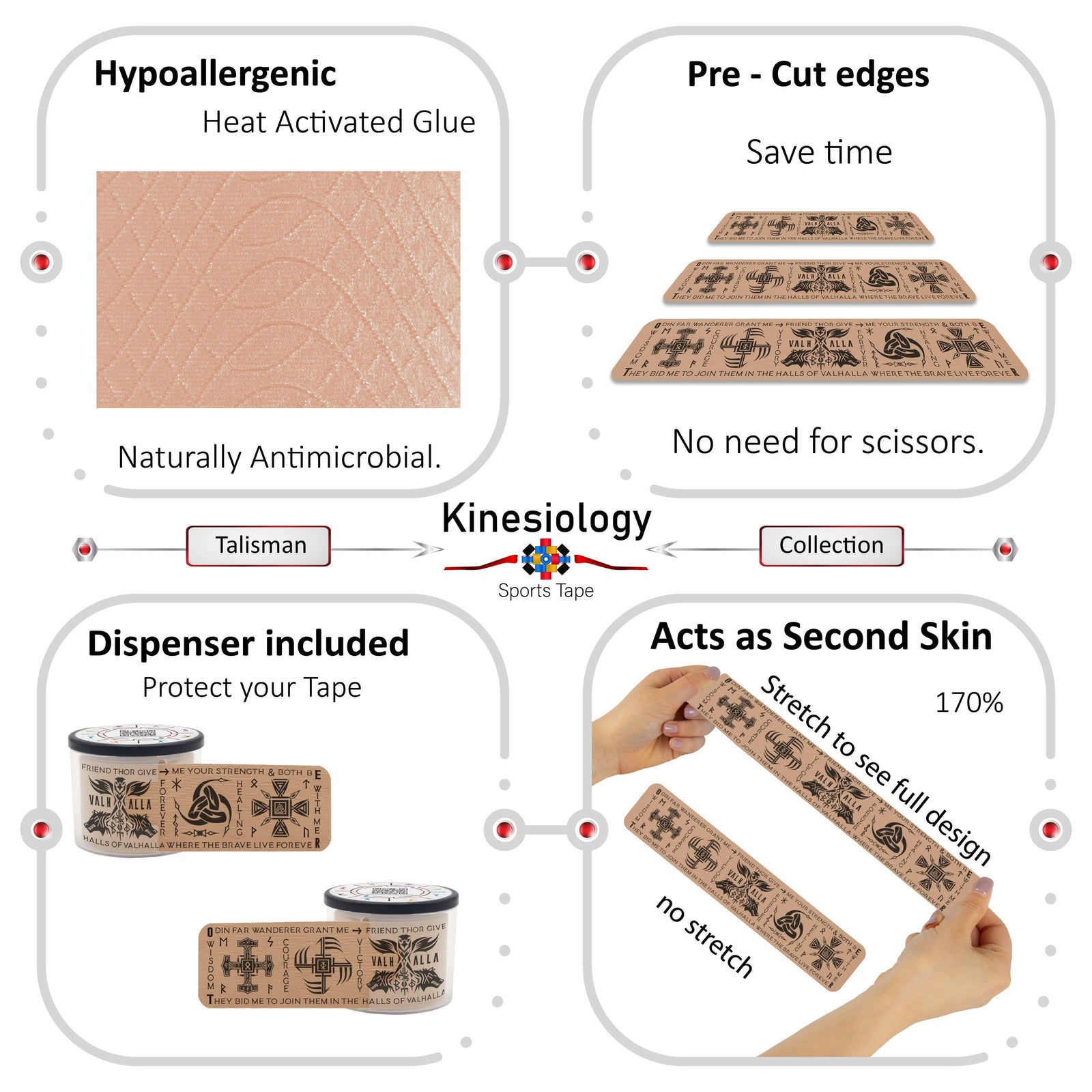 Beige Viking Talisman kinesiology tape features: hypoallergenic heat-activated glue, pre-cut edges, dispenser included, 170% stretch – Kinesiology Sports Tape