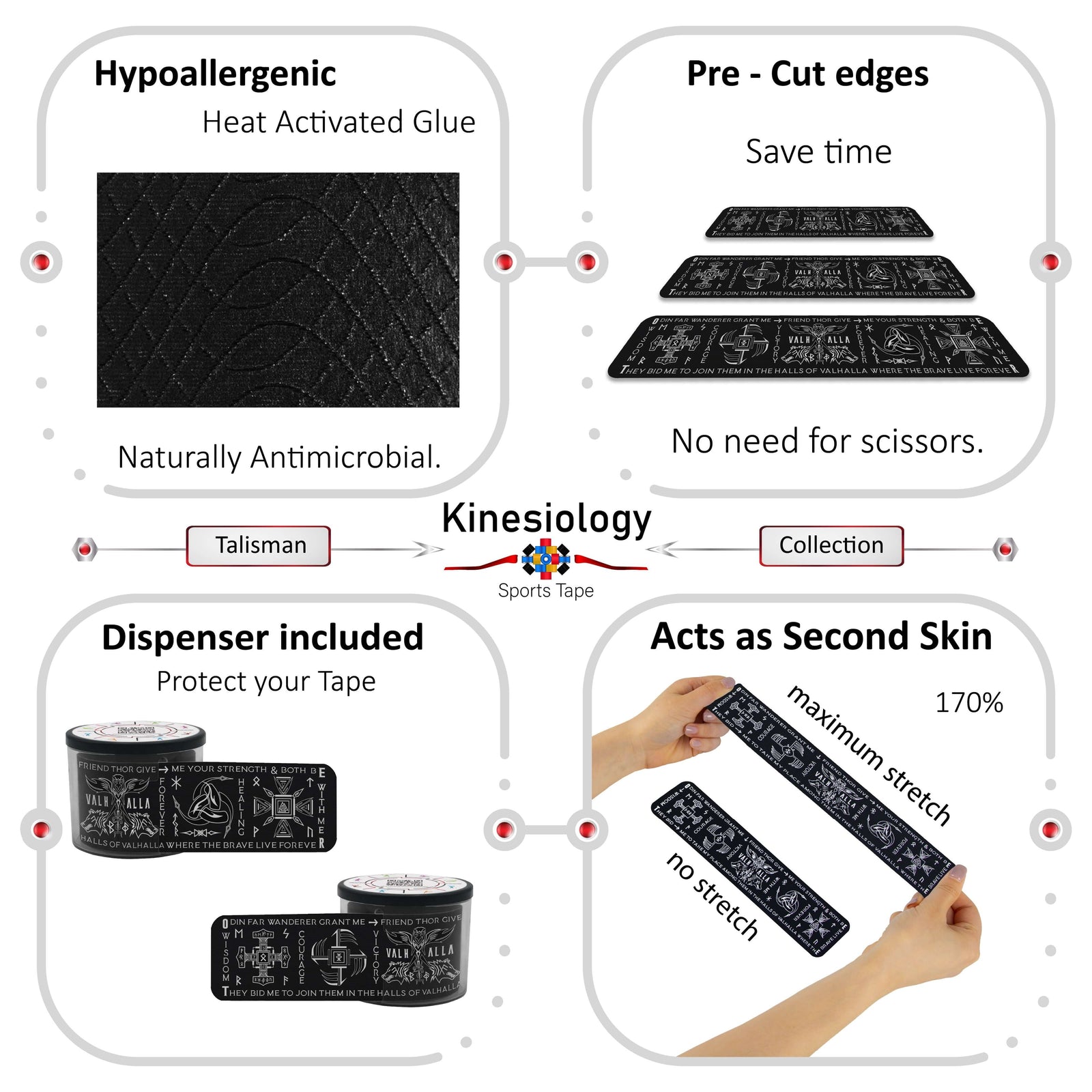 Black Viking Talisman kinesiology tape features: hypoallergenic heat-activated glue, pre-cut edges, dispenser included, 170% stretch – Kinesiology Sports Tape