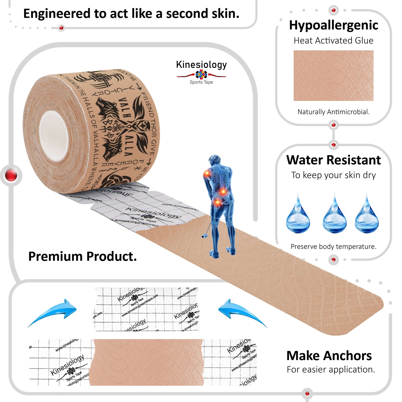Beige Viking Talisman kinesiology tape unrolling from its backing paper, showing the anchor markings – water-resistant, acts like a second skin – Kinesiology Sports Tape