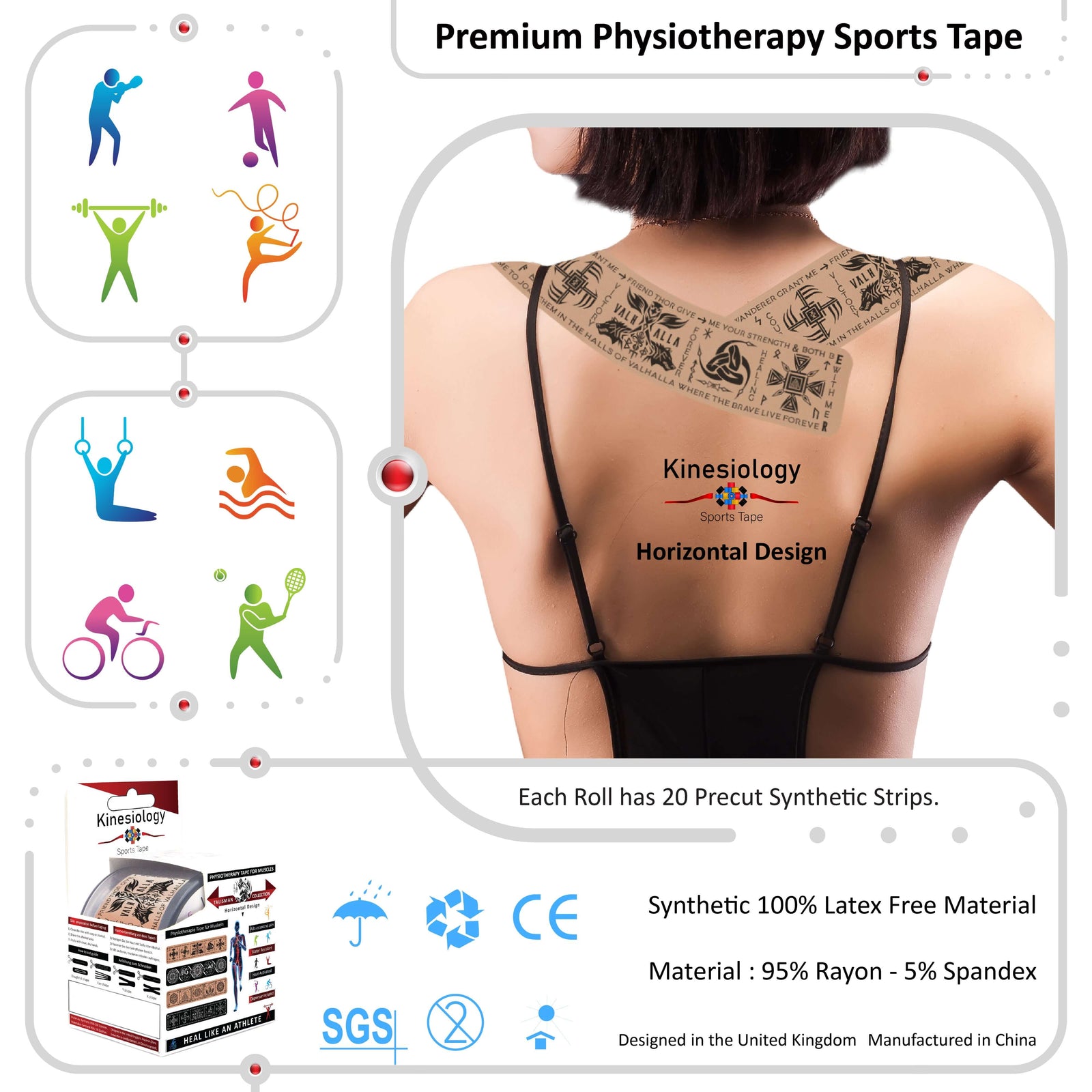 Beige Viking Talisman kinesiology tape applied to a woman's upper back – horizontal design, pre-cut strips, Kinesiology Sports Tape