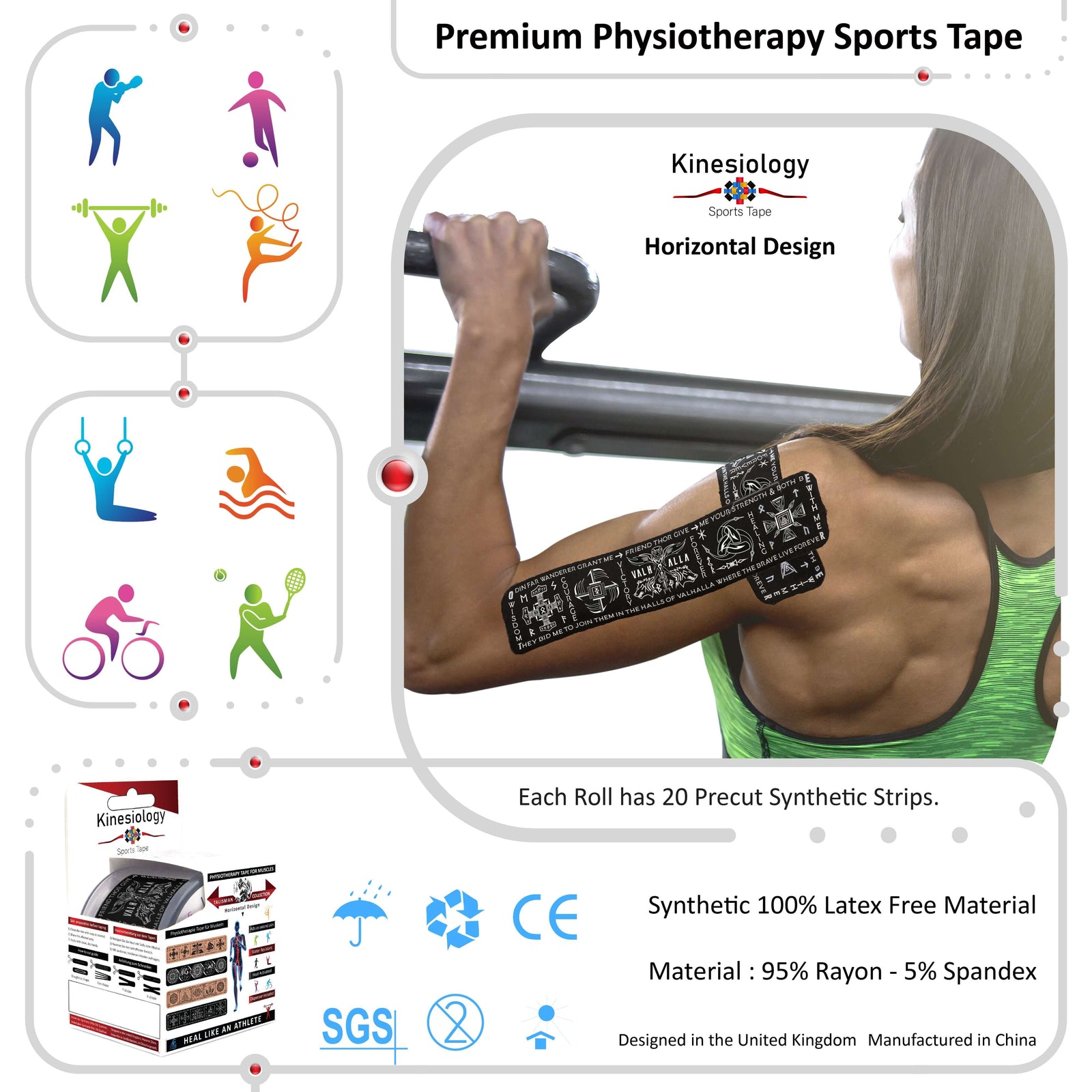 Black Viking Talisman kinesiology tape applied to a man's upper arm as he grips a pull-up bar – horizontal design, pre-cut strips, Kinesiology Sports Tape
