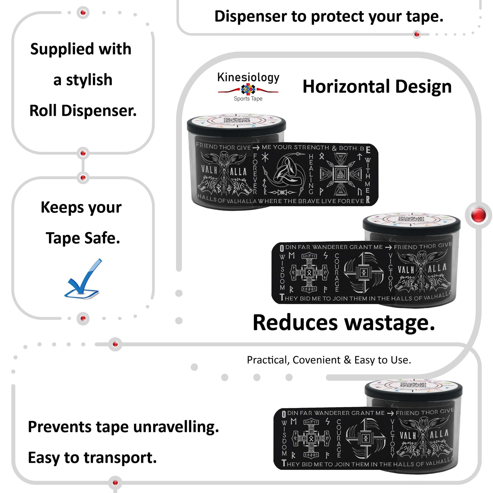 Black Viking Talisman kinesiology tape in its built-in roll dispenser, which keeps the tape safe and stops it unravelling – Kinesiology Sports Tape