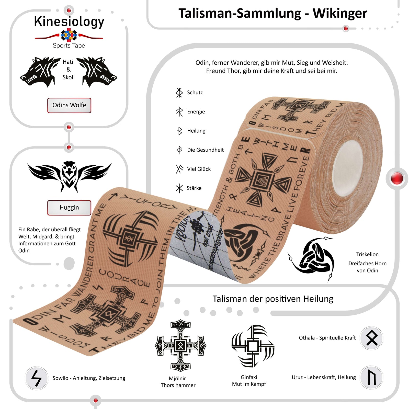Roll of Beige Viking Talisman kinesiology tape with the meanings of its Norse rune and symbols explained – Talisman Collection, Kinesiology Sports Tape