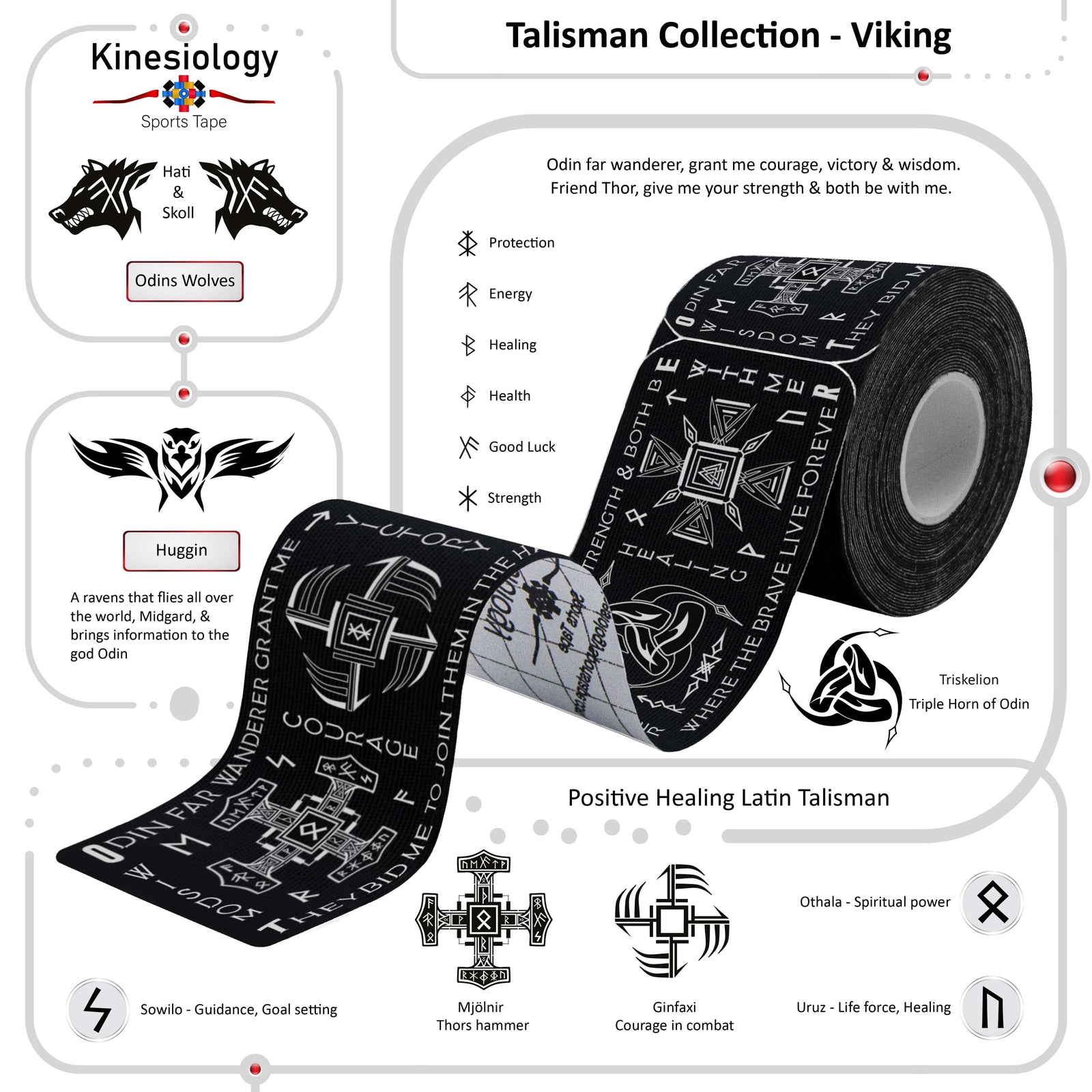 Roll of Black Viking Talisman kinesiology tape with the meanings of its Norse rune and symbols explained – Talisman Collection, Kinesiology Sports Tape