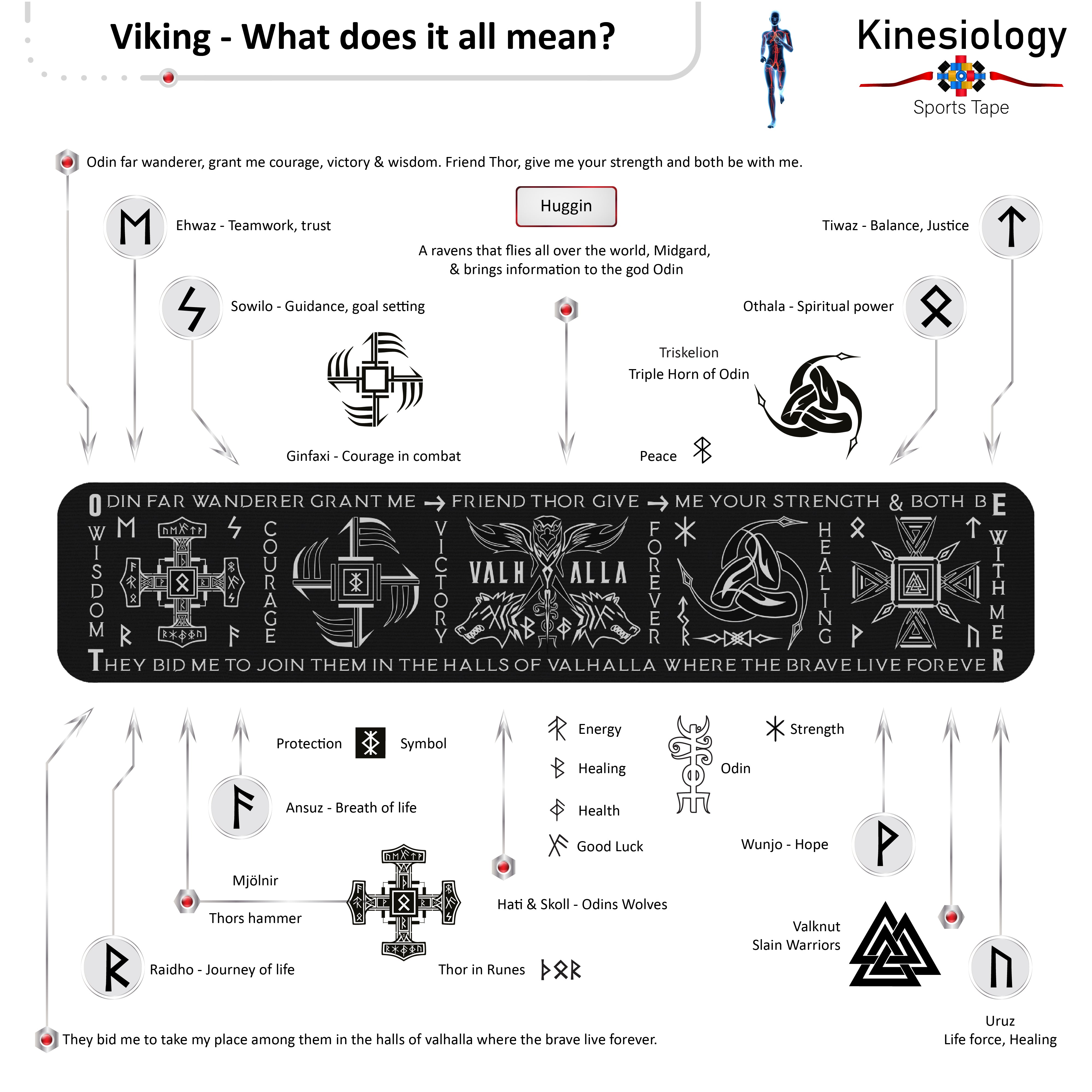 Black Kinesiology Tape Pre Cut with Dispenser - Talisman - Viking - Horizontal Design
