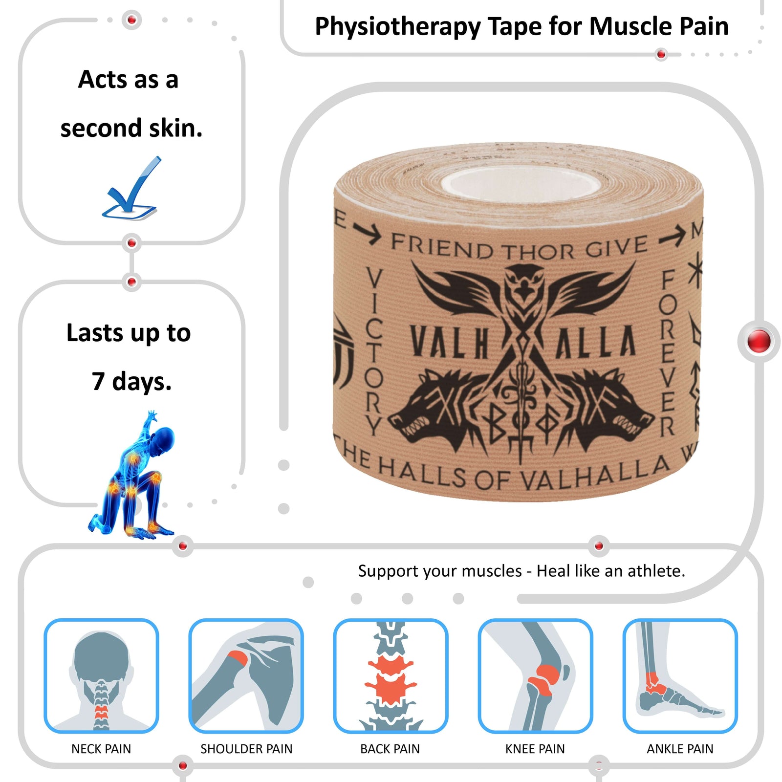 Beige Viking Talisman physiotherapy kinesiology tape for muscle pain – neck, shoulder, back, knee and ankle, lasts up to 7 days – Kinesiology Sports Tape