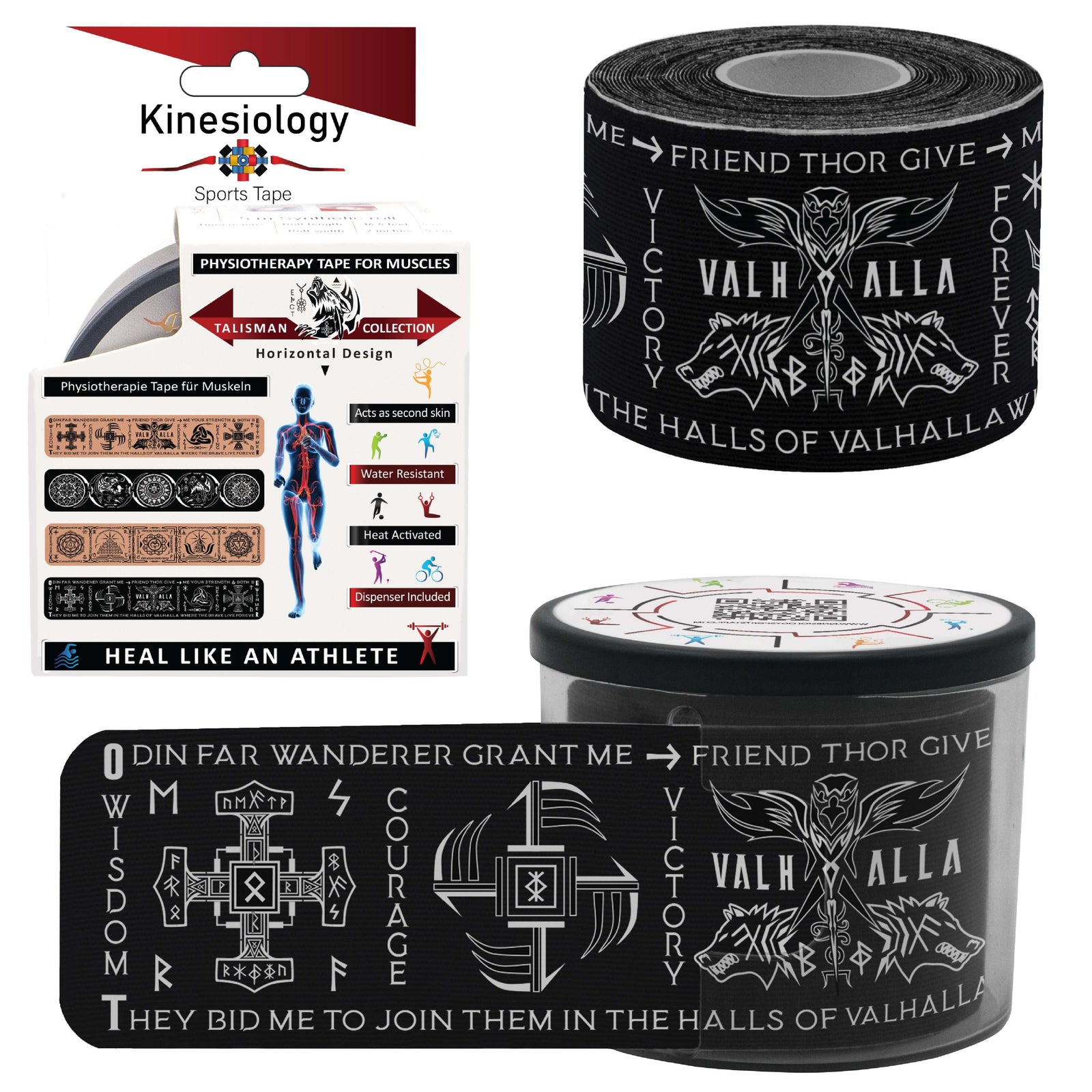 Black Viking Talisman retail box with a pre-cut roll and a loose strip of the Viking rune and Norse symbol print – Kinesiology Sports Tape