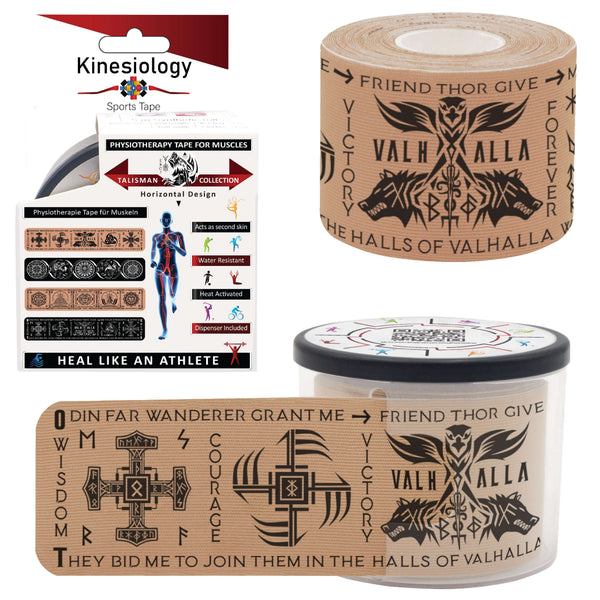 Beige Viking Talisman Kinesiology Tape Horizontal - Pre-Cut 20 Strips with Dispenser
