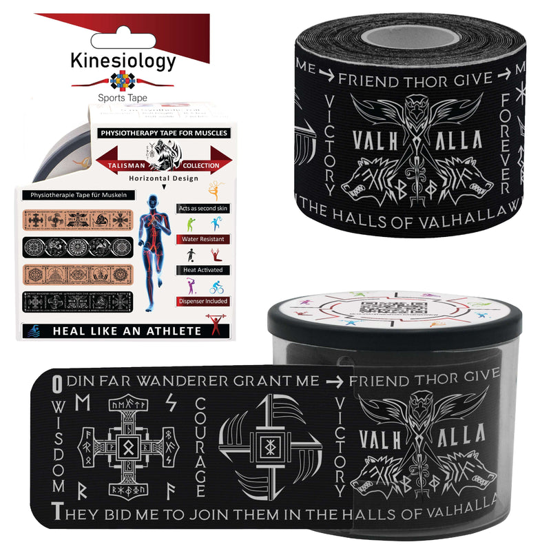 Black Viking Talisman retail box with a pre-cut roll and a loose strip of the Viking rune and Norse symbol print – Kinesiology Sports Tape
