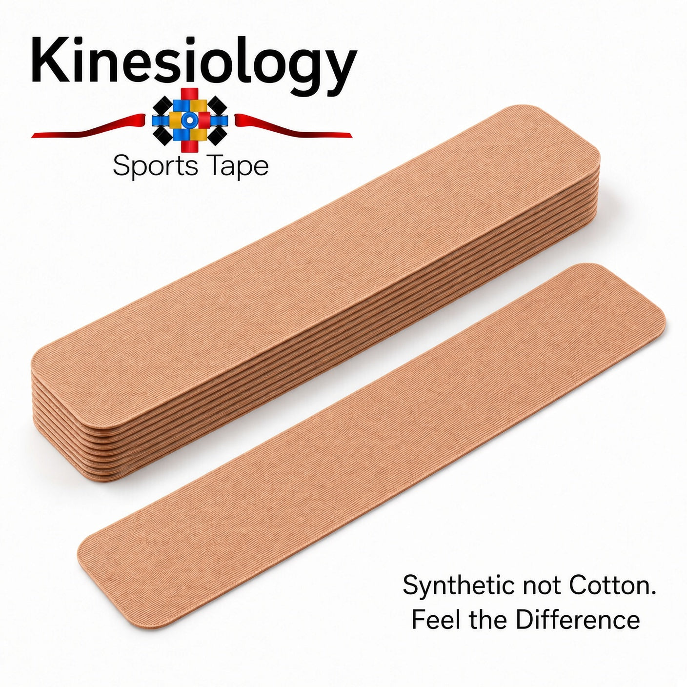 Ten pre-cut beige kinesiology tape strips stacked together, with a single loose strip laid in front, shot on plain white
