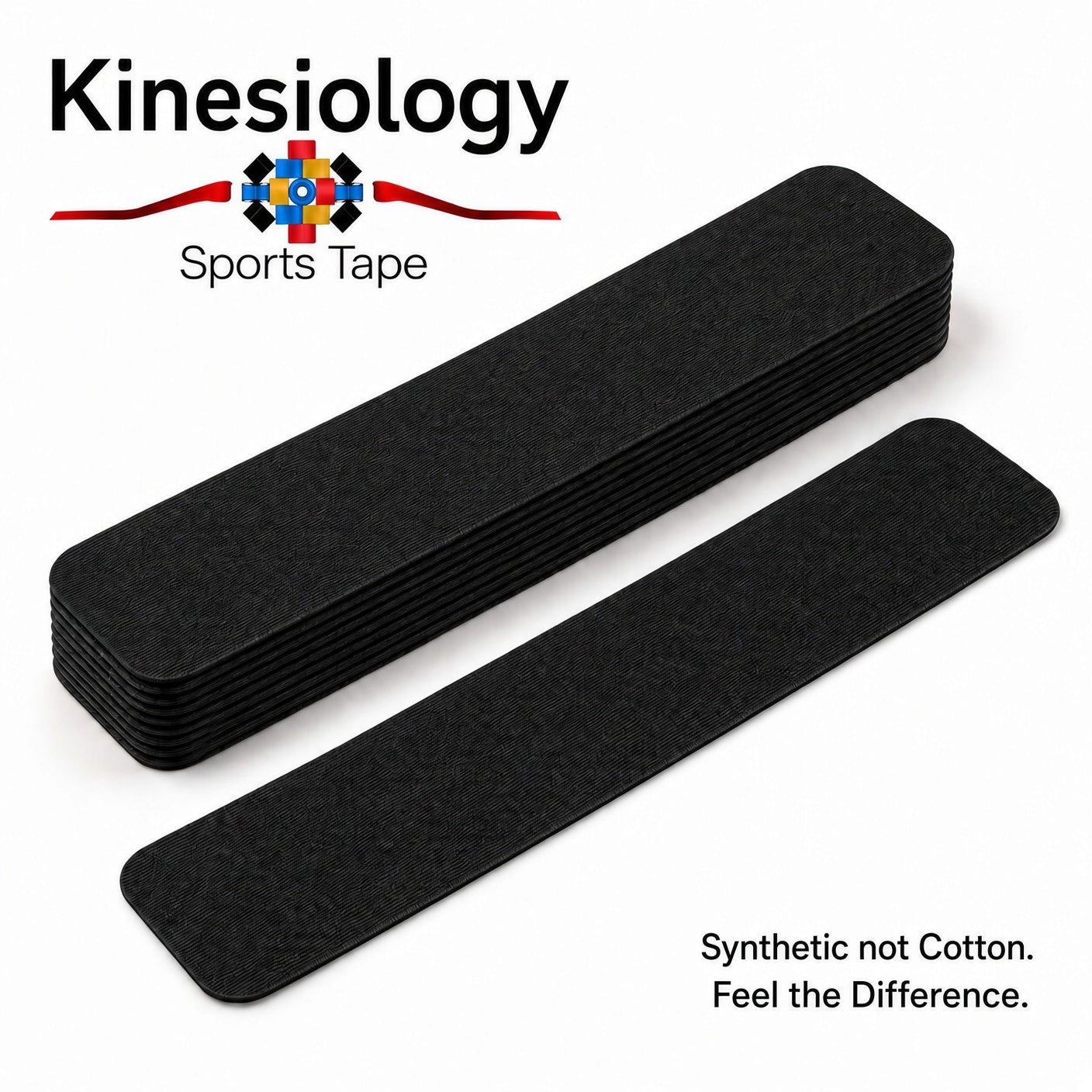 A neat stack of ten pre-cut black kinesiology tape strips, one strip set out on its own in front of the pile