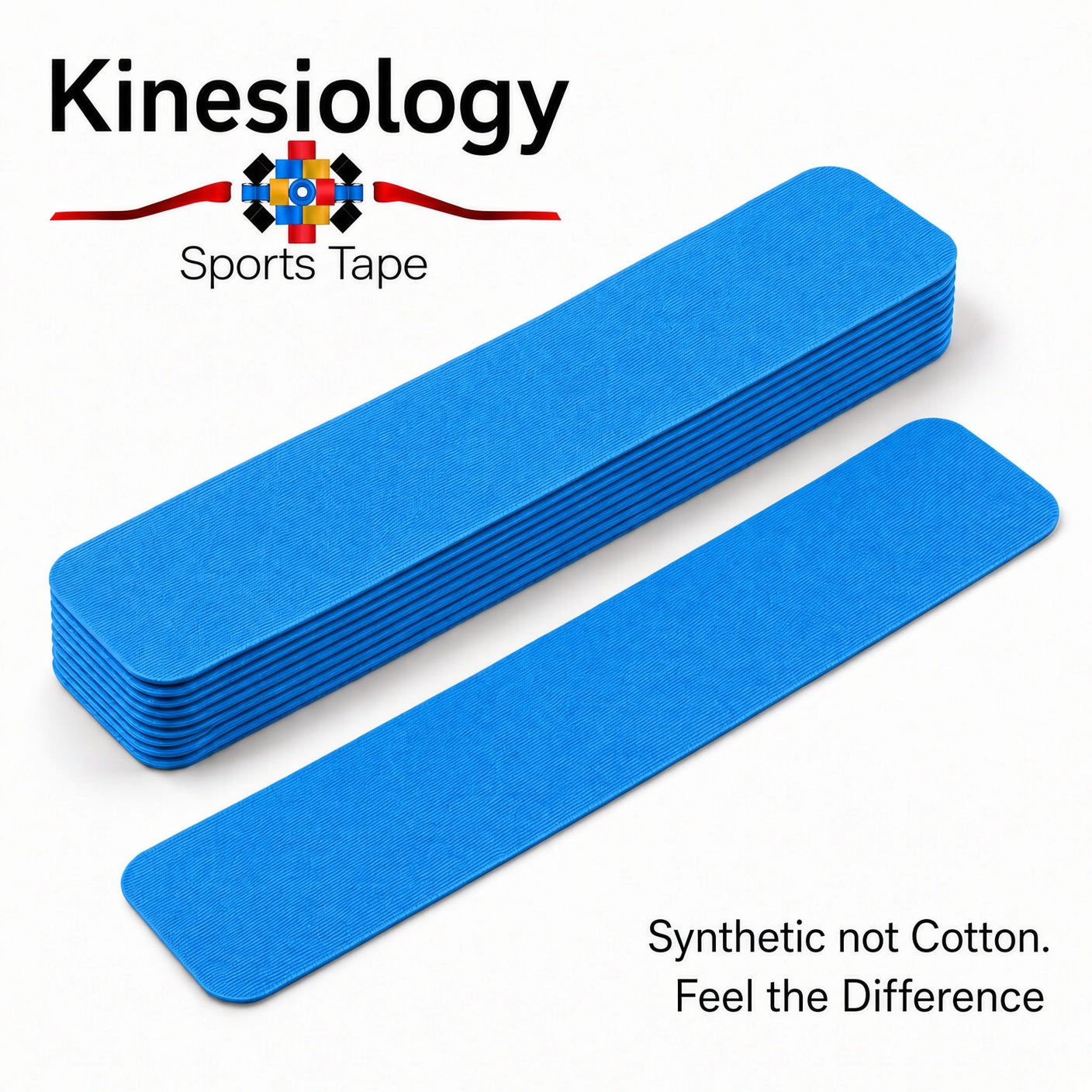 Ten pre-cut blue kinesiology tape strips in a stack with one loose strip lying in front, photographed against white